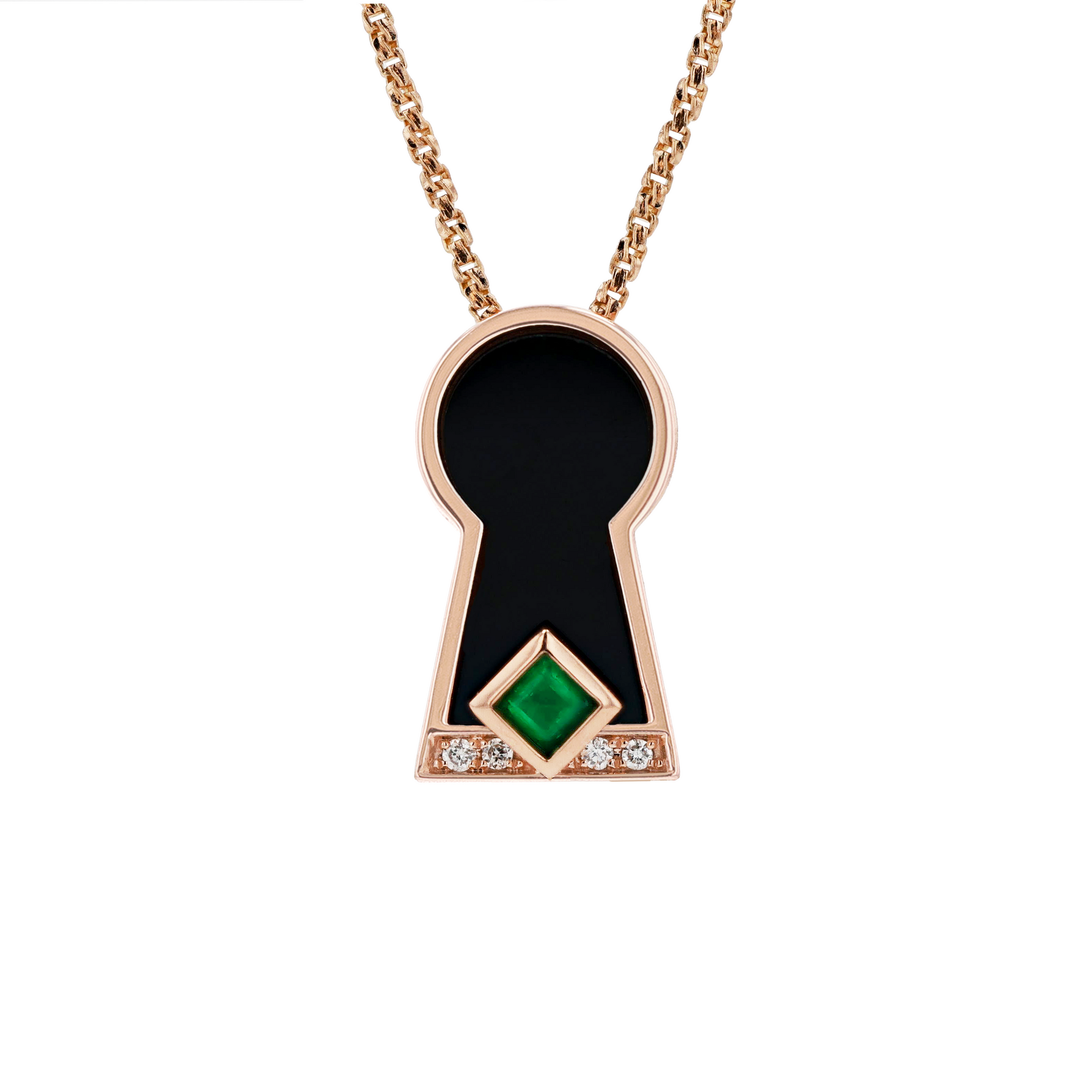 18K Solid Rose Gold Natural Emerald Diamond Black Onyx KEYHOLE Pendant
