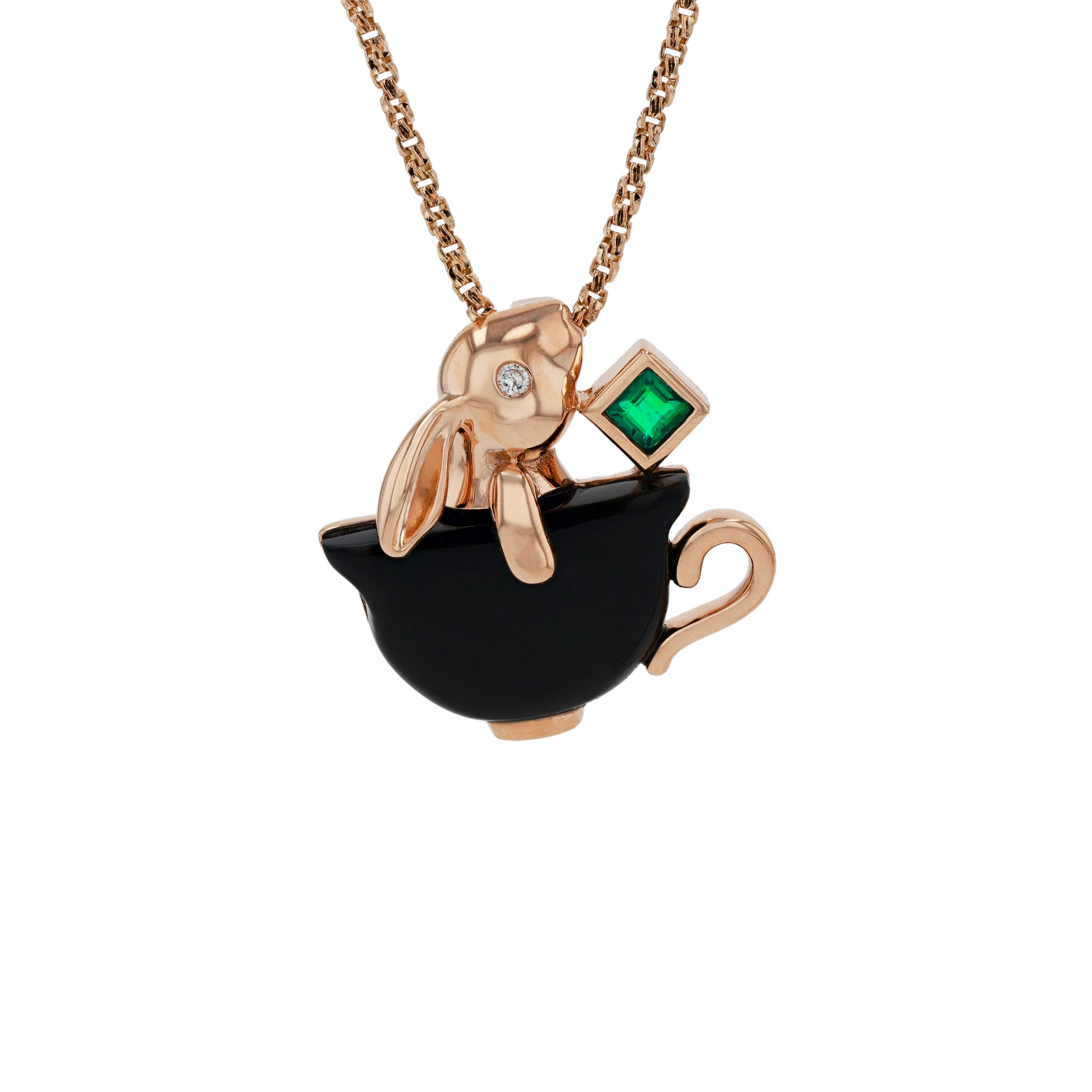 18K Solid Rose Gold Natural Emerald Diamond Black Onyx RABBIT IN THE CUP Pendant