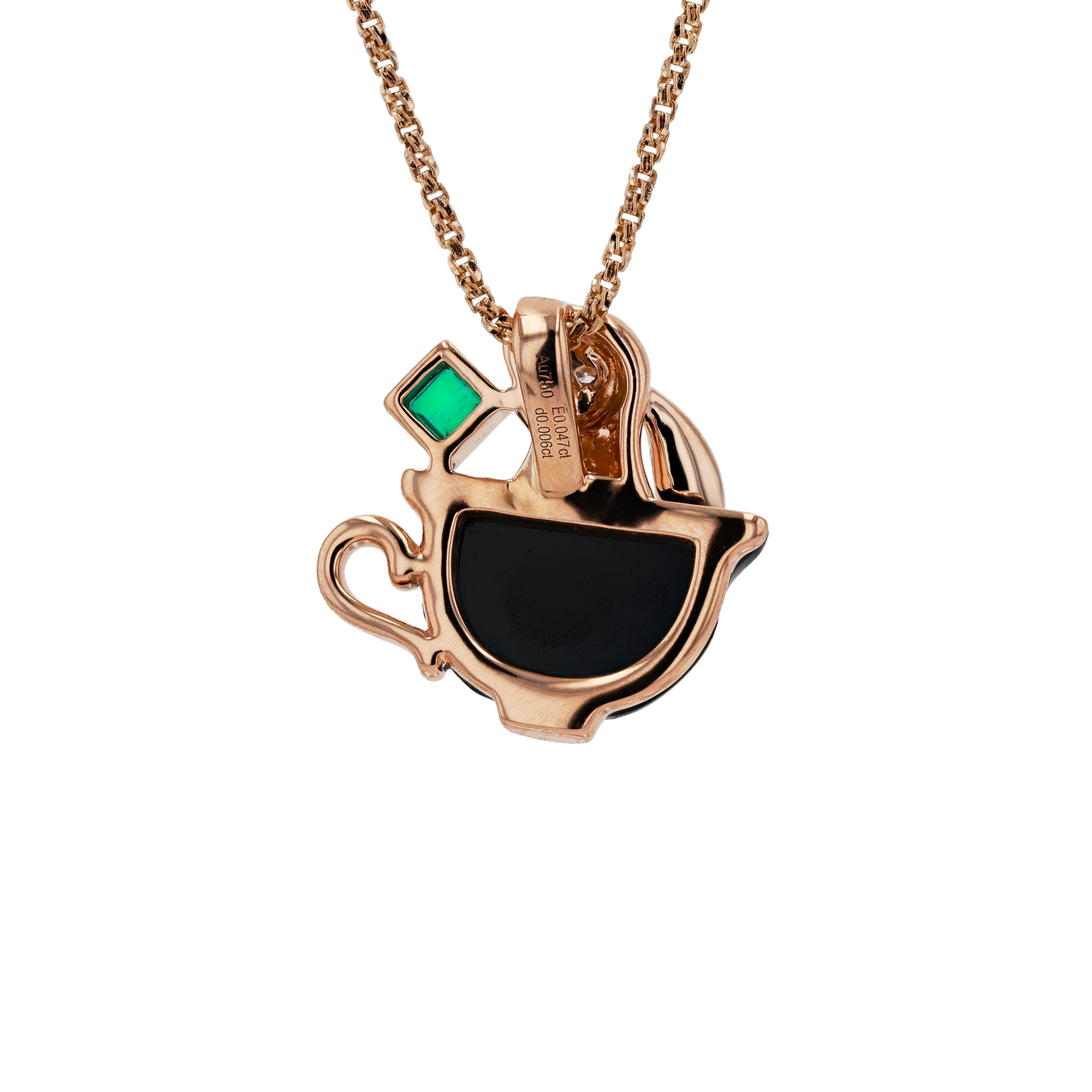 18K Solid Rose Gold Natural Emerald Diamond Black Onyx RABBIT IN THE CUP Pendant
