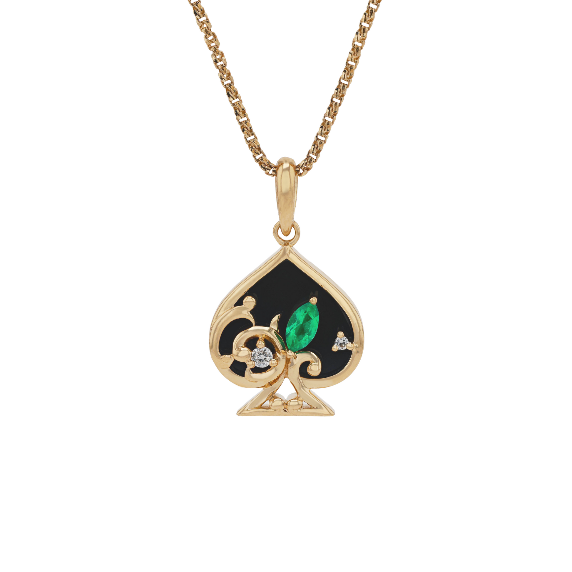 18K Solid Yellow Gold Natural Emerald Diamond Back Onyx SPACE Pendant