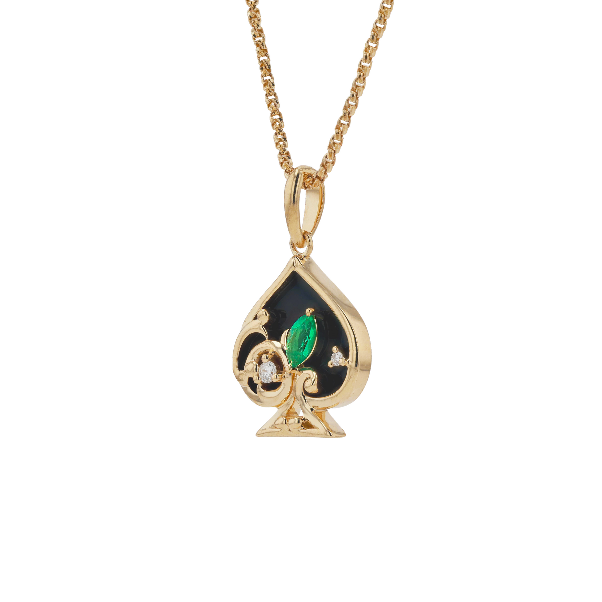 18K Solid Yellow Gold Natural Emerald Diamond Back Onyx SPACE Pendant