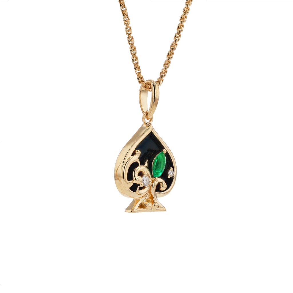 18K Solid Yellow Gold Natural Emerald Diamond Back Onyx SPACE Pendant