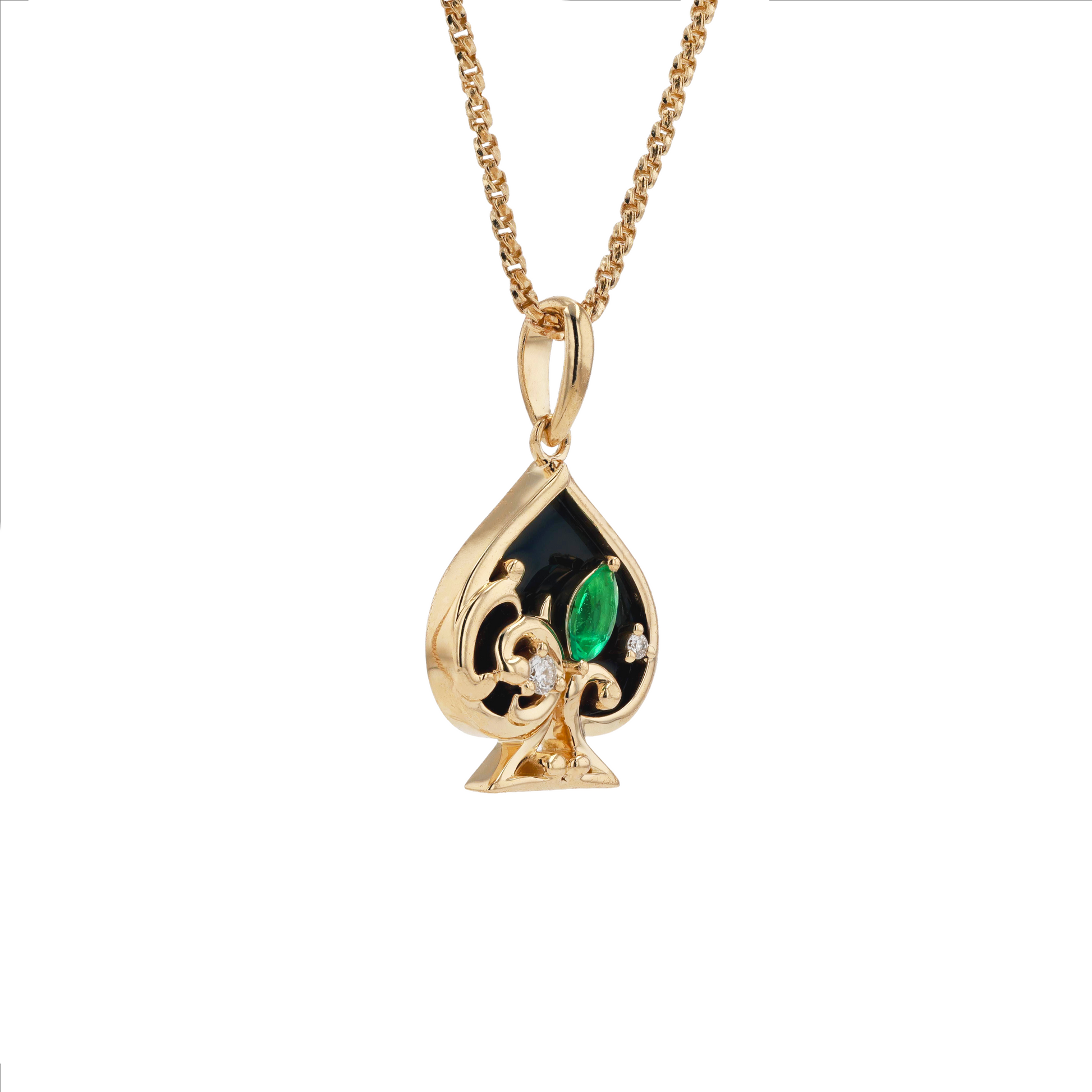 18K Solid Yellow Gold Natural Emerald Diamond Back Onyx SPACE Pendant