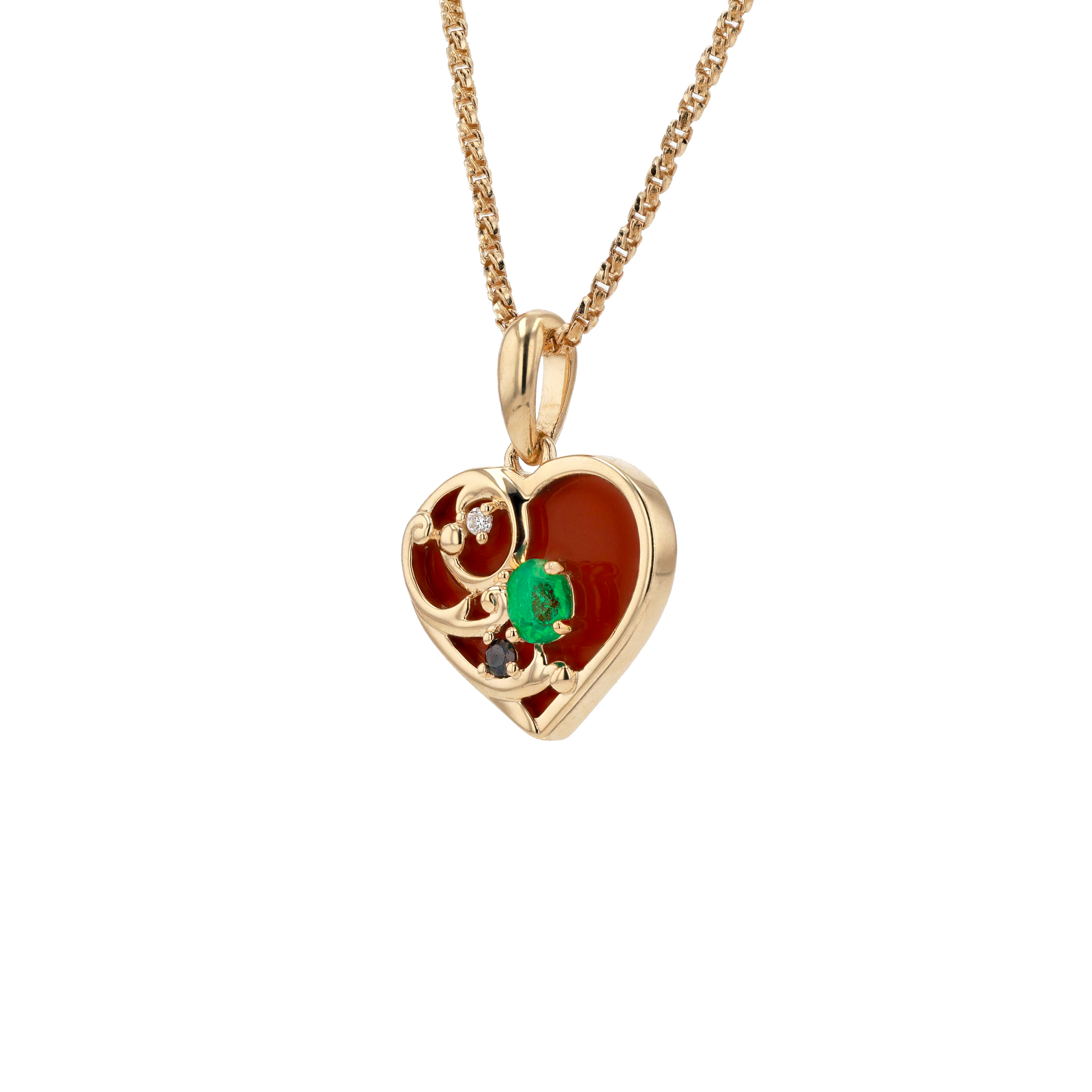 18K Solid Yellow Gold Natural Emerald Diamond Carnelian HEART Pendant