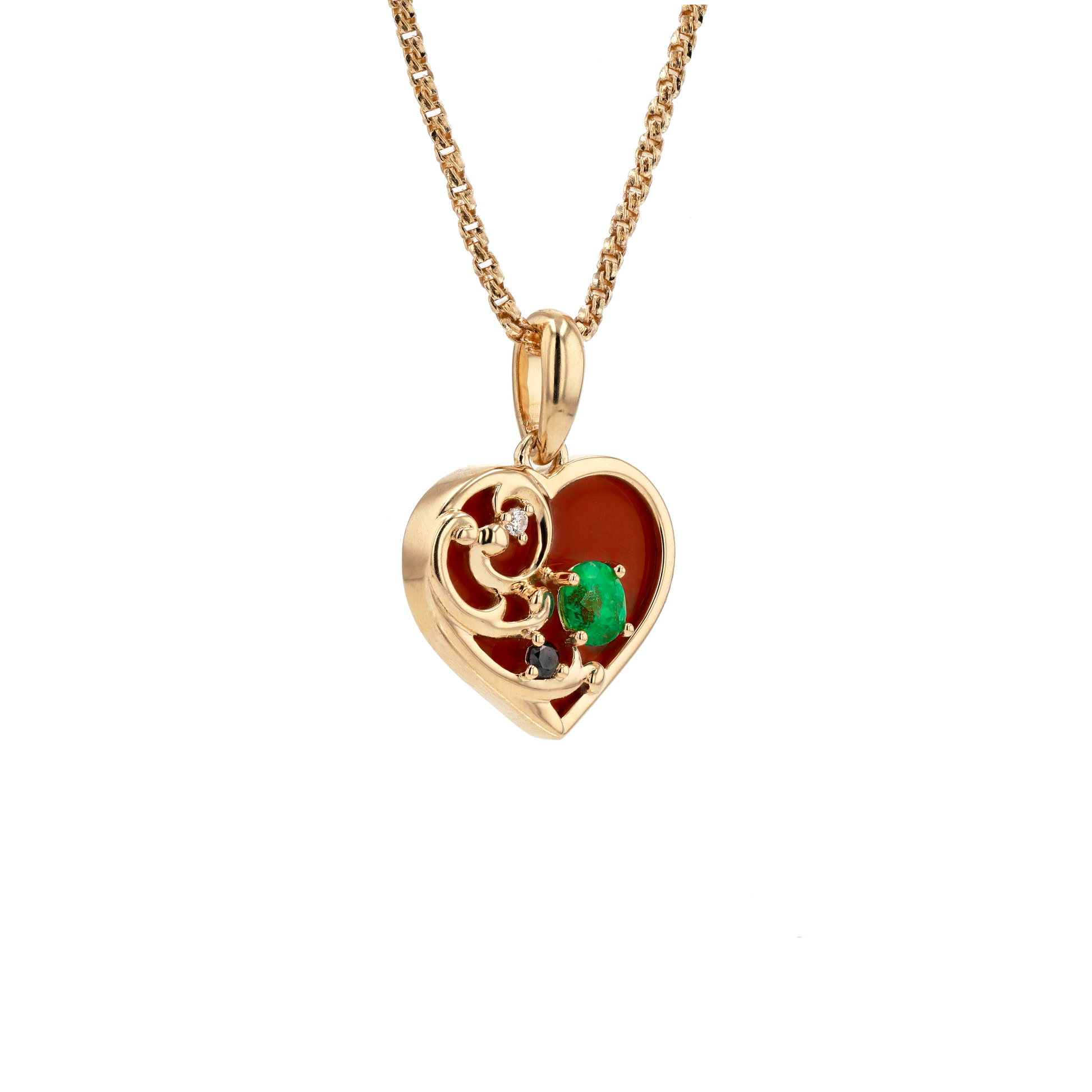 18K Solid Yellow Gold Natural Emerald Diamond Carnelian HEART Pendant