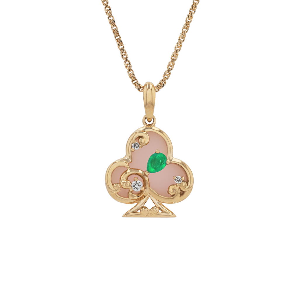18K Solid Yellow Gold Natural Emerald Diamond Pink Opal CLUB Pendant $1,930
