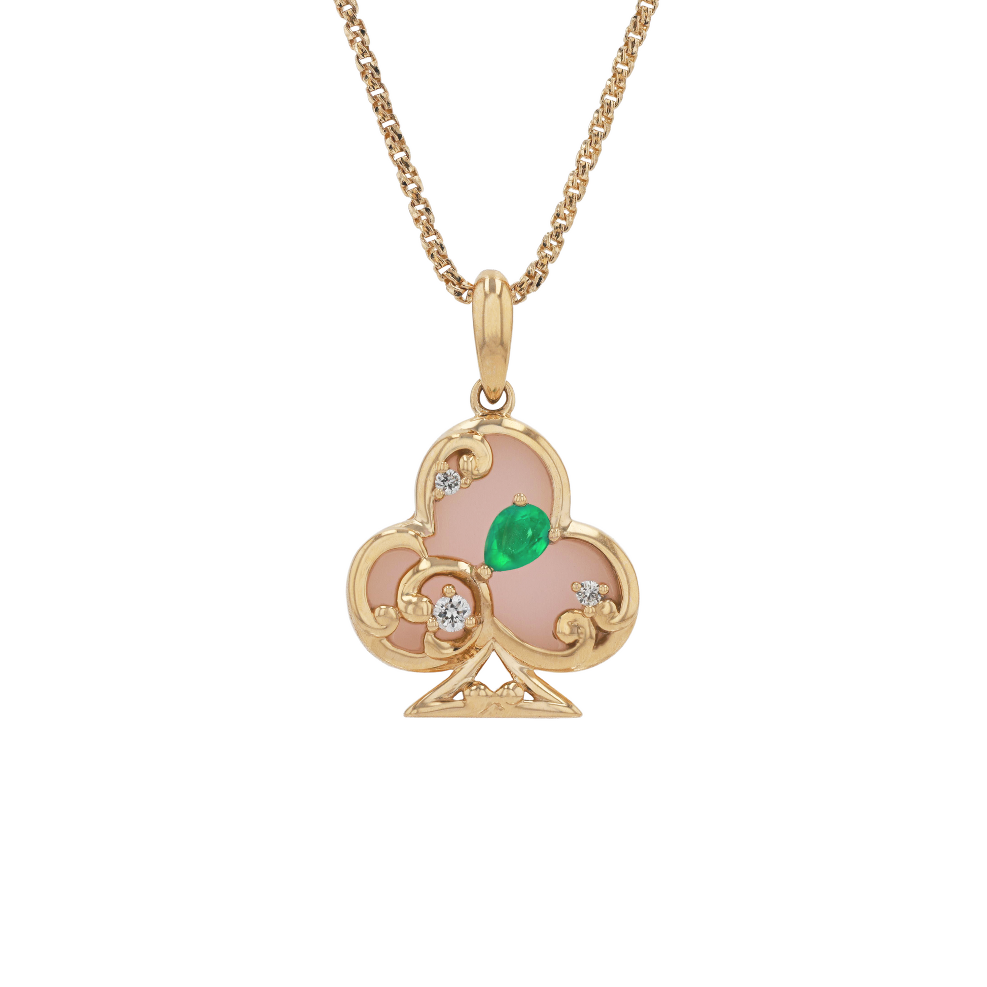 18K Solid Yellow Gold Natural Emerald Diamond Pink Opal CLUB Pendant $1,930