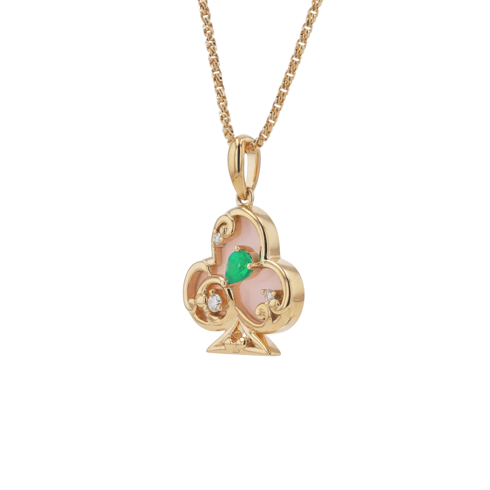 18K Solid Yellow Gold Natural Emerald Diamond Pink Opal CLUB Pendant $1,930