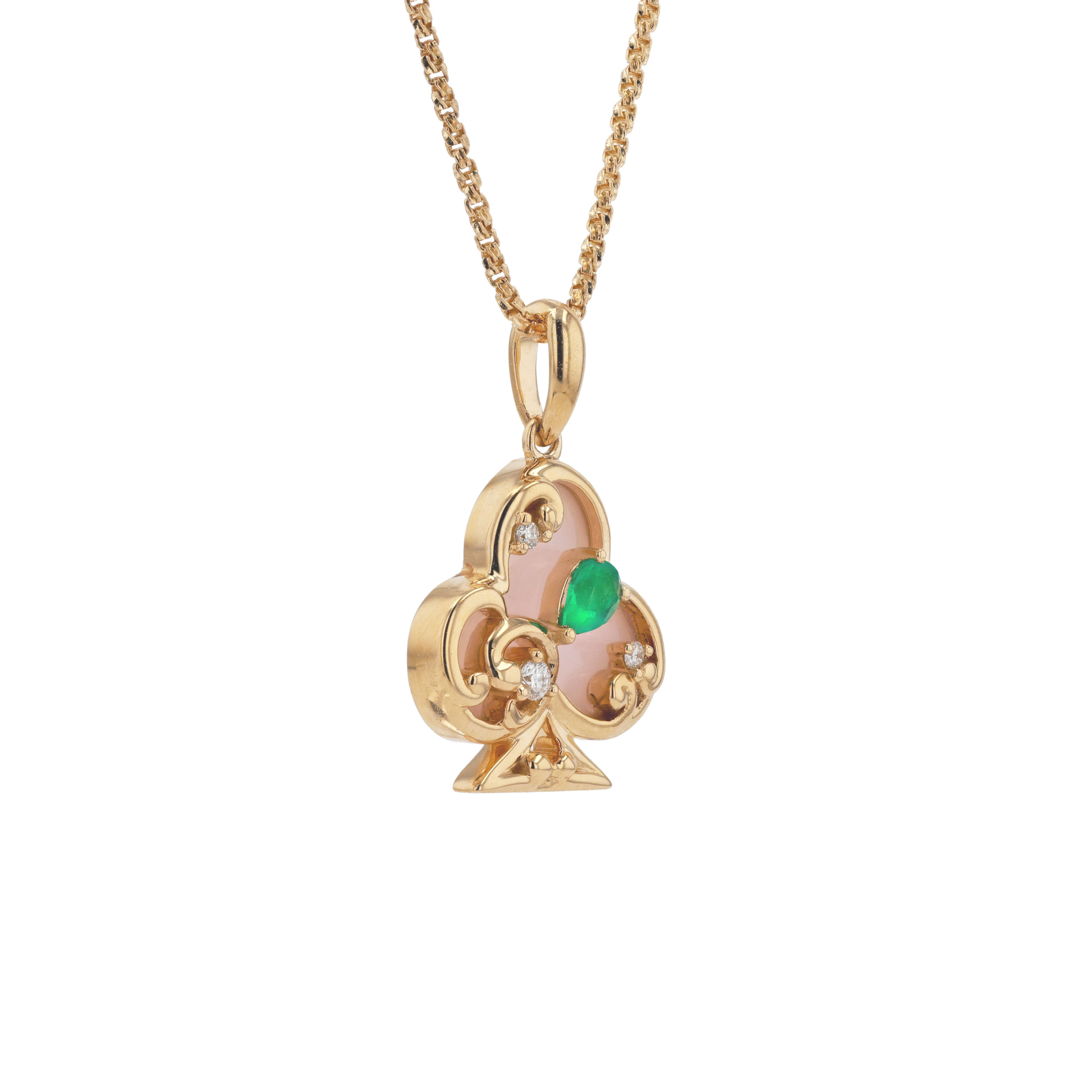 18K Solid Yellow Gold Natural Emerald Diamond Pink Opal CLUB Pendant $1,930