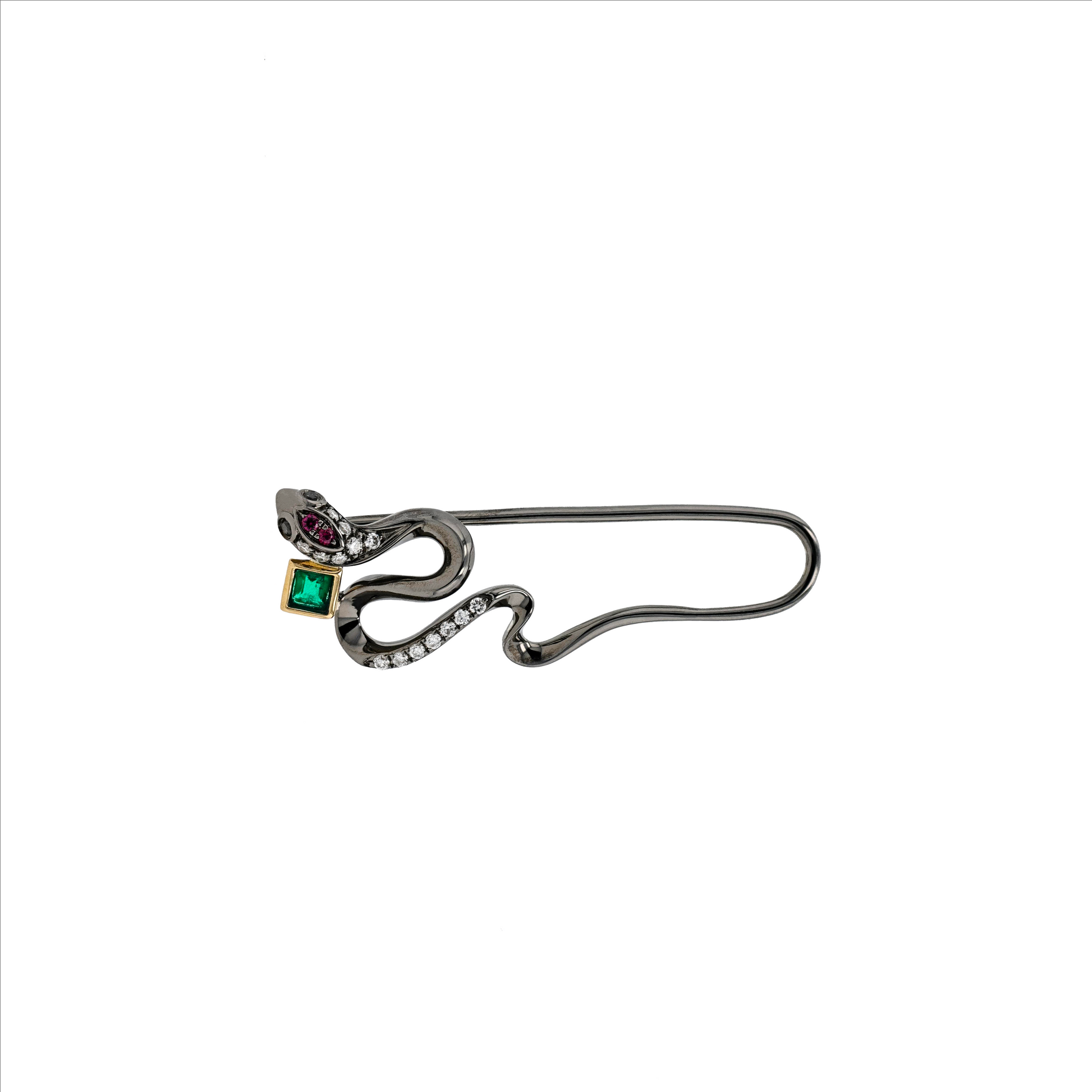 18K Solid Black Gold Natural Emerald Ruby Diamond SNAKE Pin