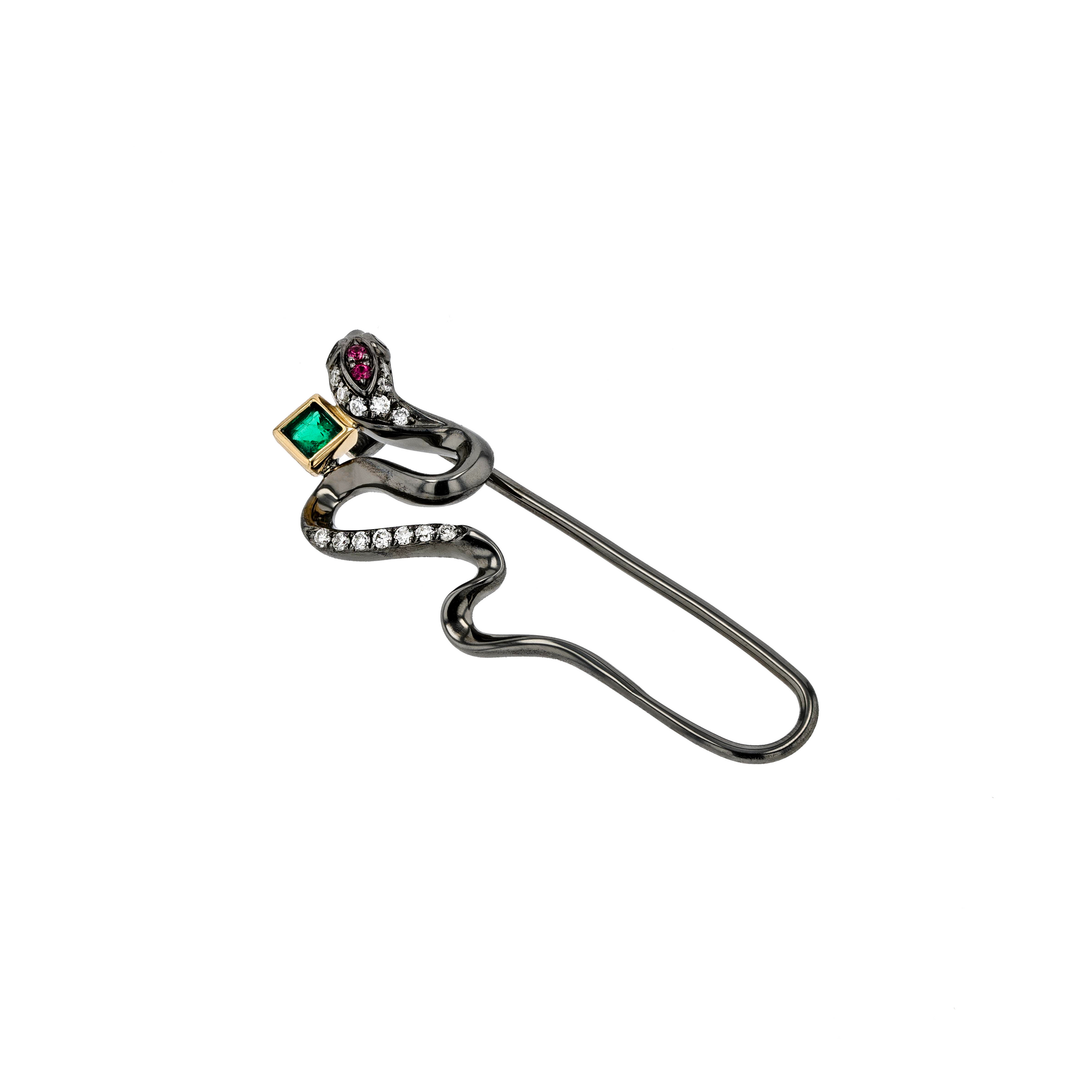 18K Solid Black Gold Natural Emerald Ruby Diamond SNAKE Pin