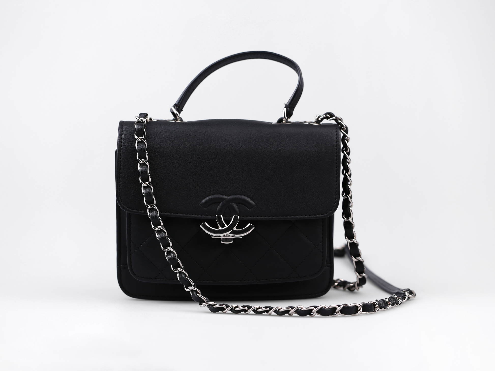 CHANEL Black Calfskin Small Affinity Flap Bag with Top Handle