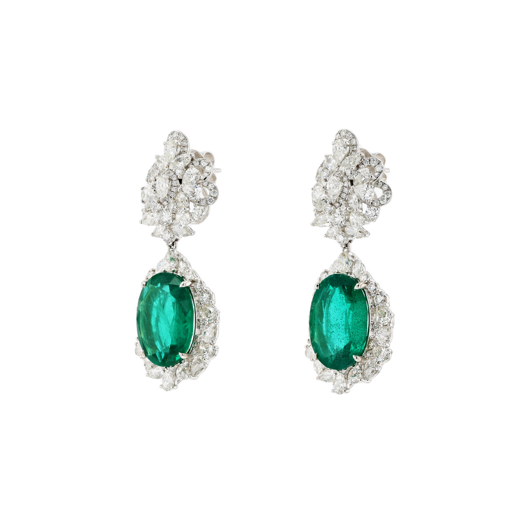 18KG Natural Green Emerald Diamond Earrings