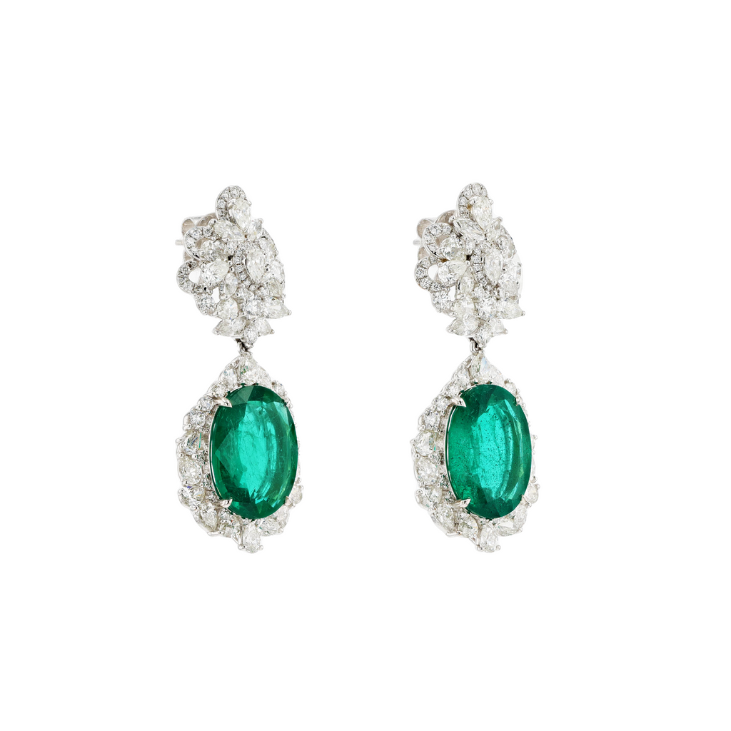 18KG Natural Green Emerald Diamond Earrings