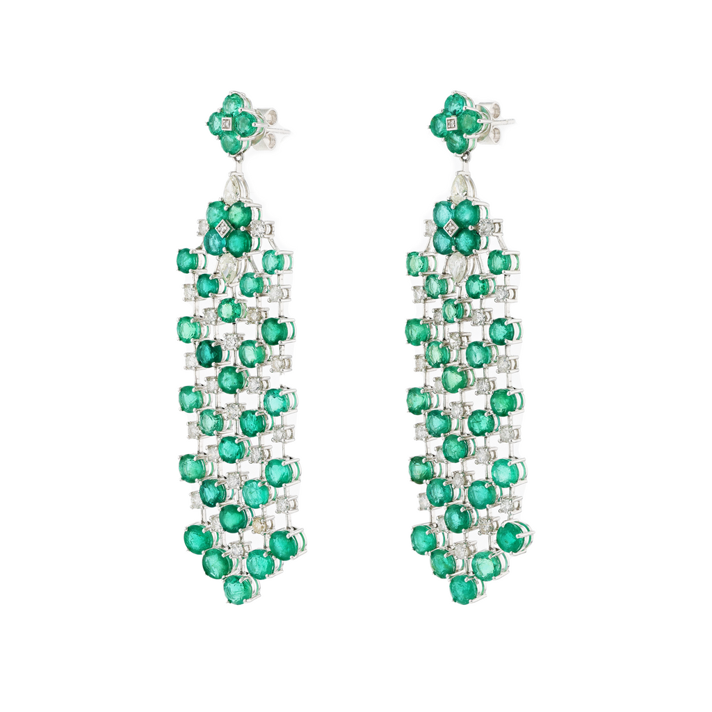 18KG Natural Green Emerald Diamond Earrings