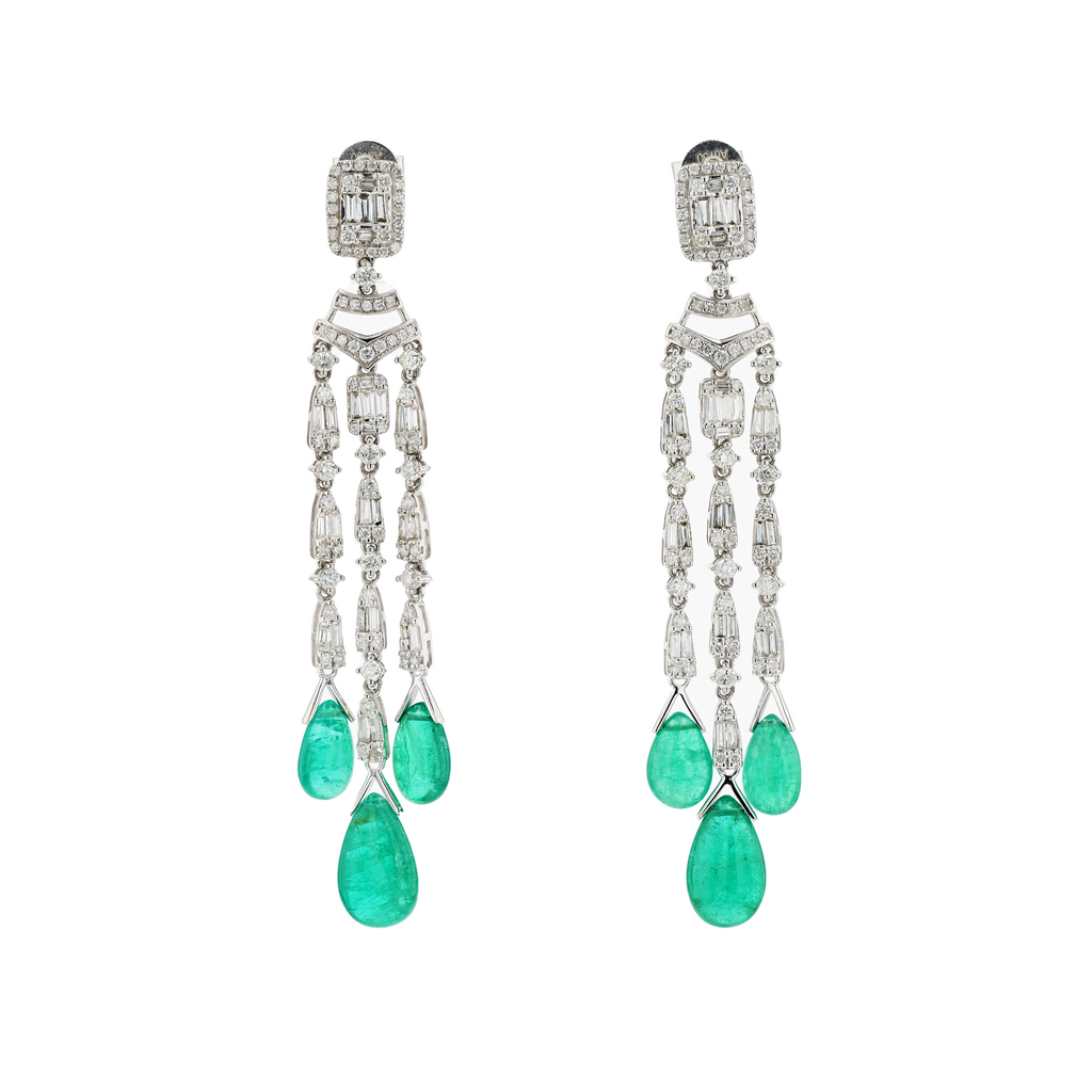18KG Natural Green Emerald Diamond Earrings