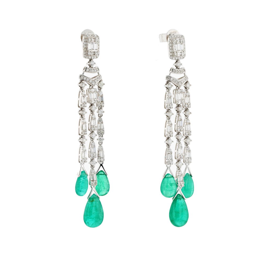 18KG Natural Green Emerald Diamond Earrings
