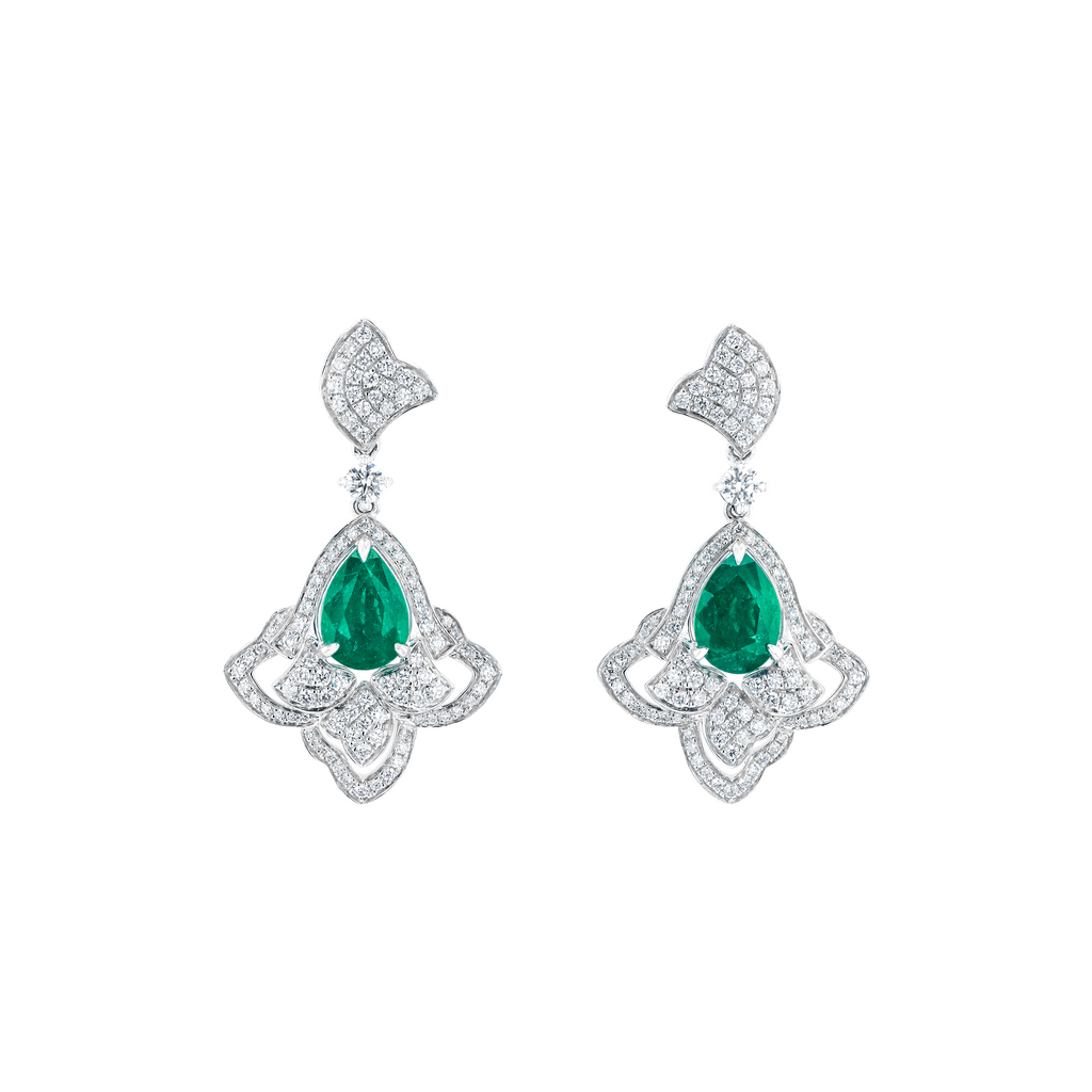 18KG Natural Green Emerald Diamond Earrings