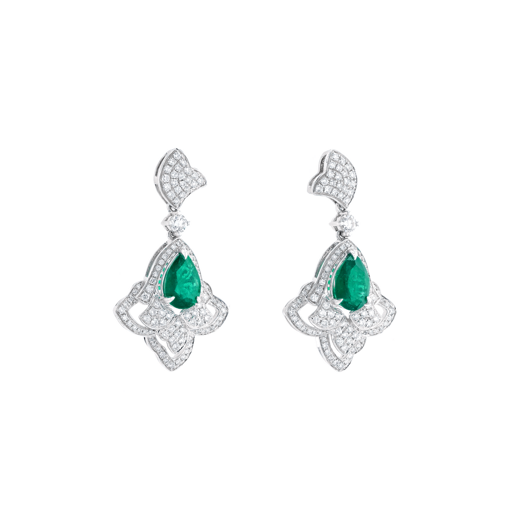 18KG Natural Green Emerald Diamond Earrings
