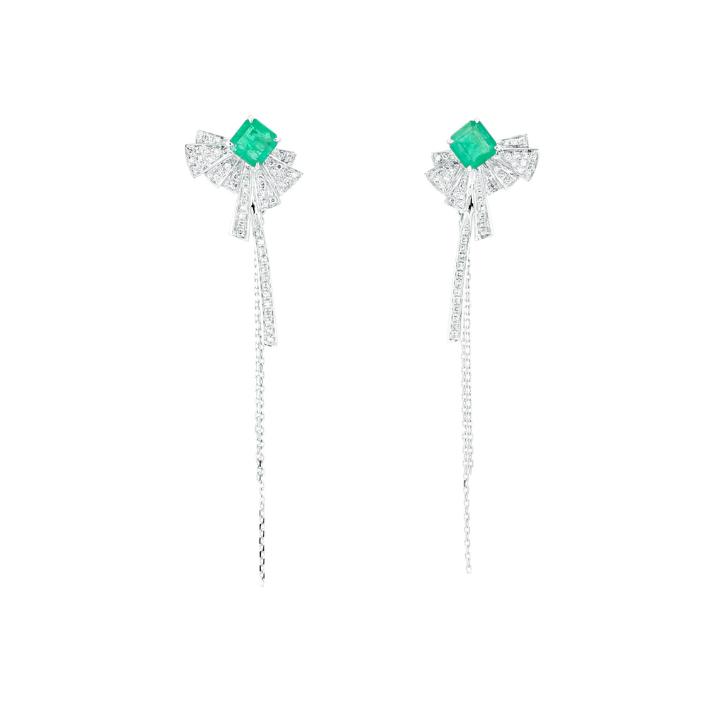 18KG Natural Green Emerald Diamond Earrings