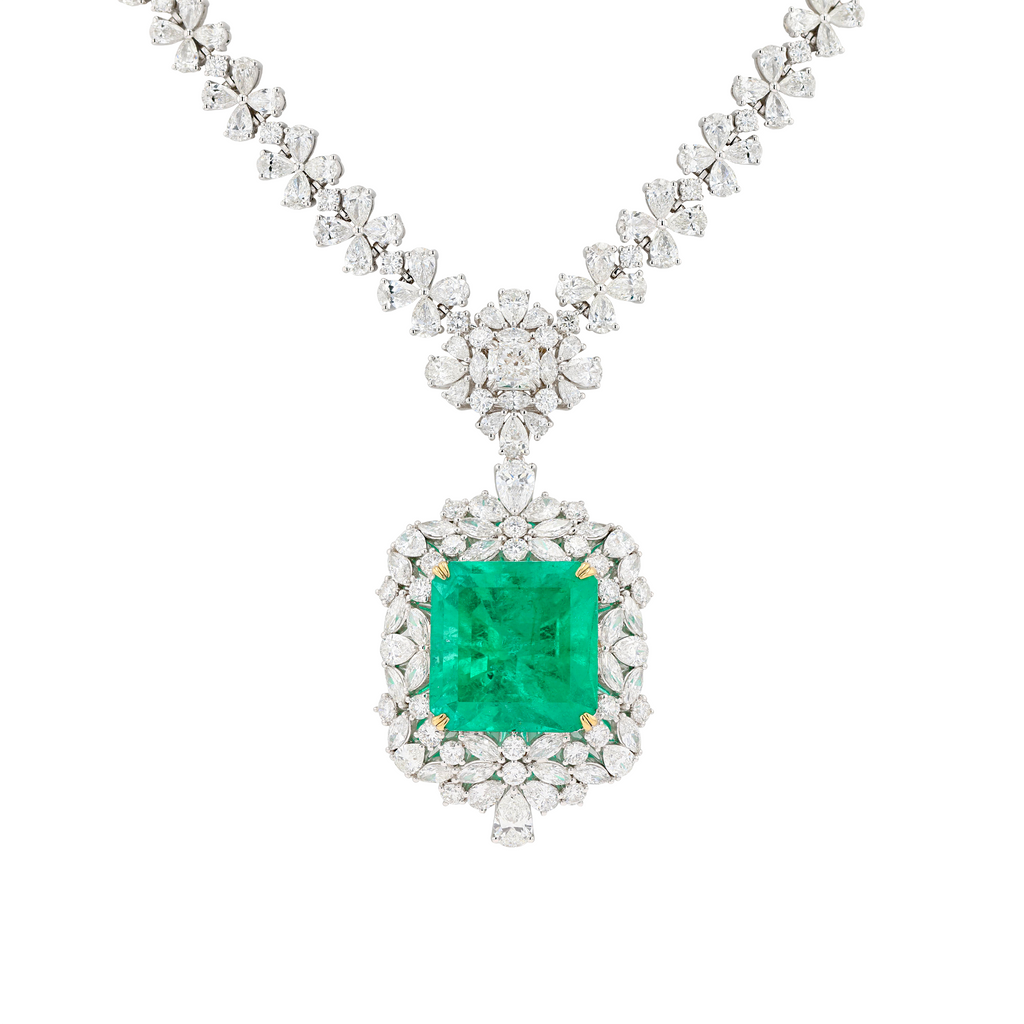 18KG Natural Green Emerald Diamond Necklace/Ring