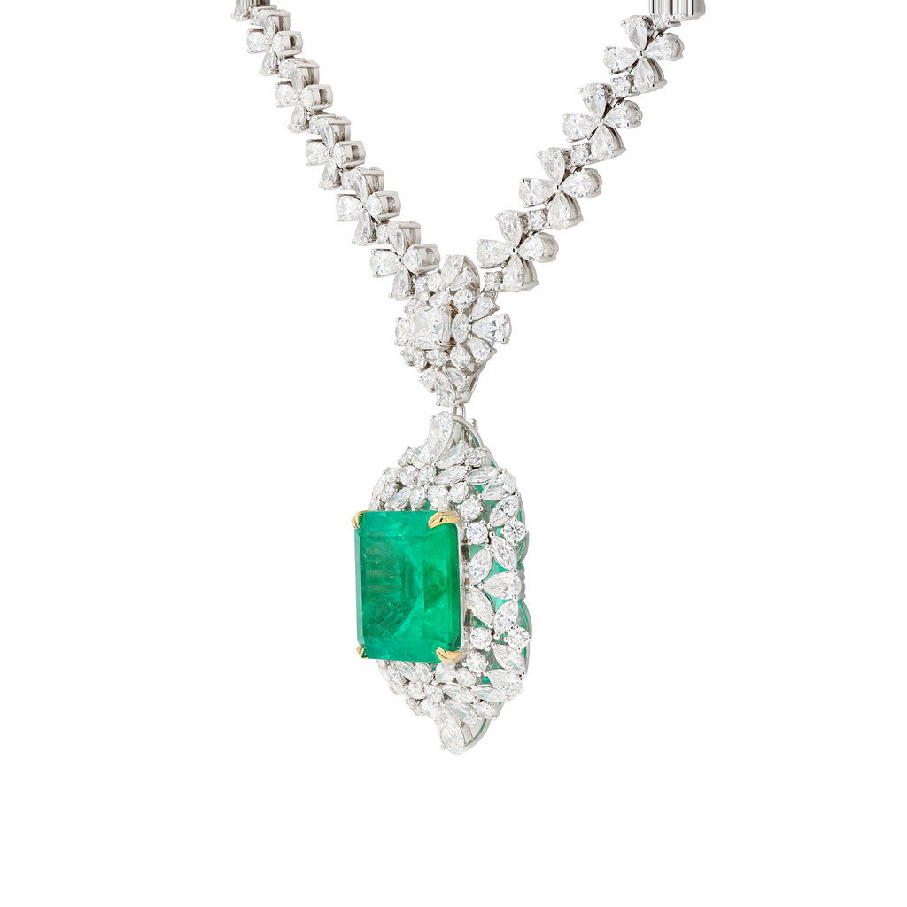 18KG Natural Green Emerald Diamond Necklace/Ring