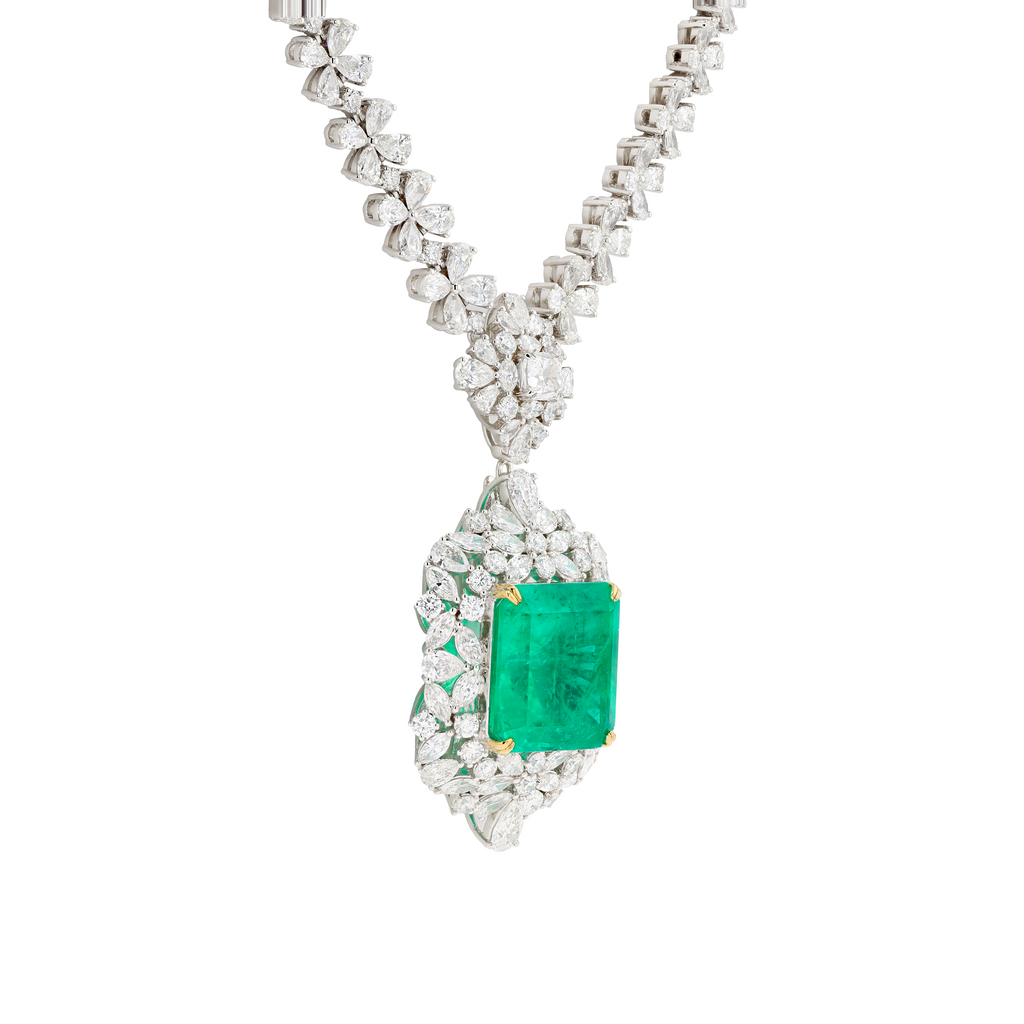 18KG Natural Green Emerald Diamond Necklace/Ring
