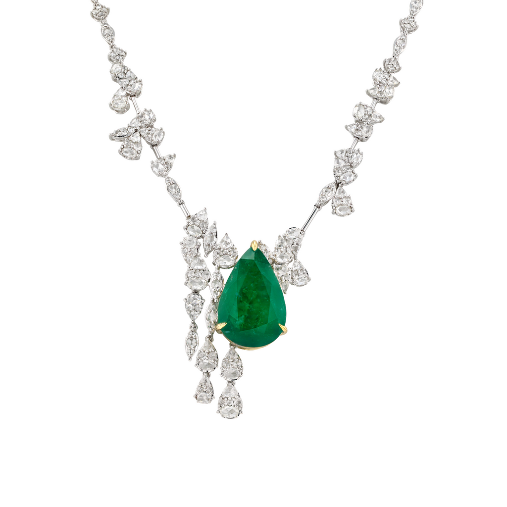 18KG Natural Vivid Green Emerald Diamond Necklace
