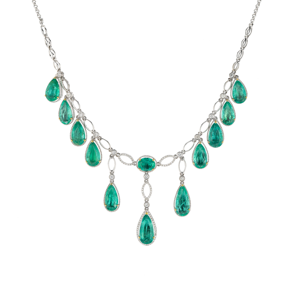 18KG Natural Green Emerald Diamond Necklace