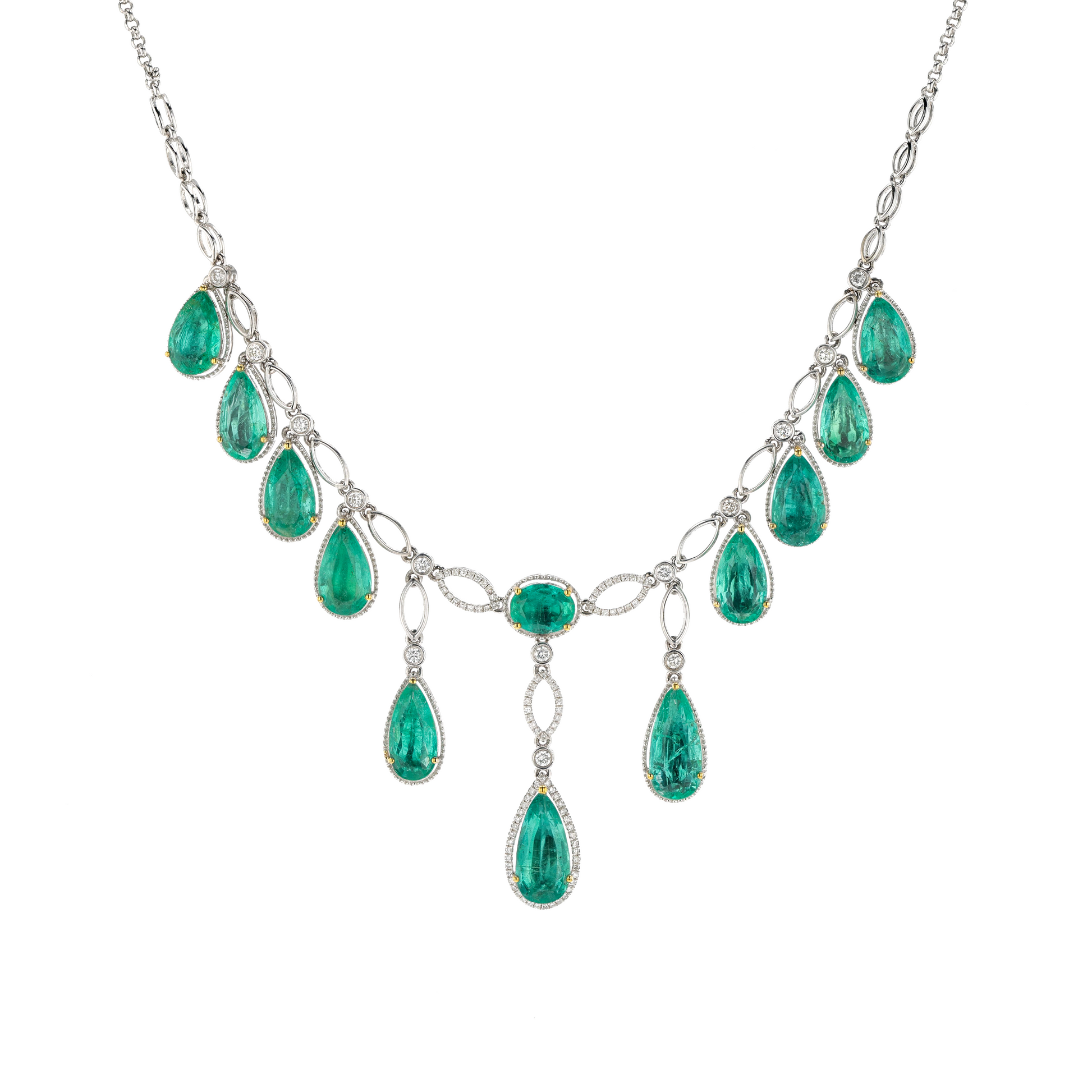 18KG Natural Green Emerald Diamond Necklace