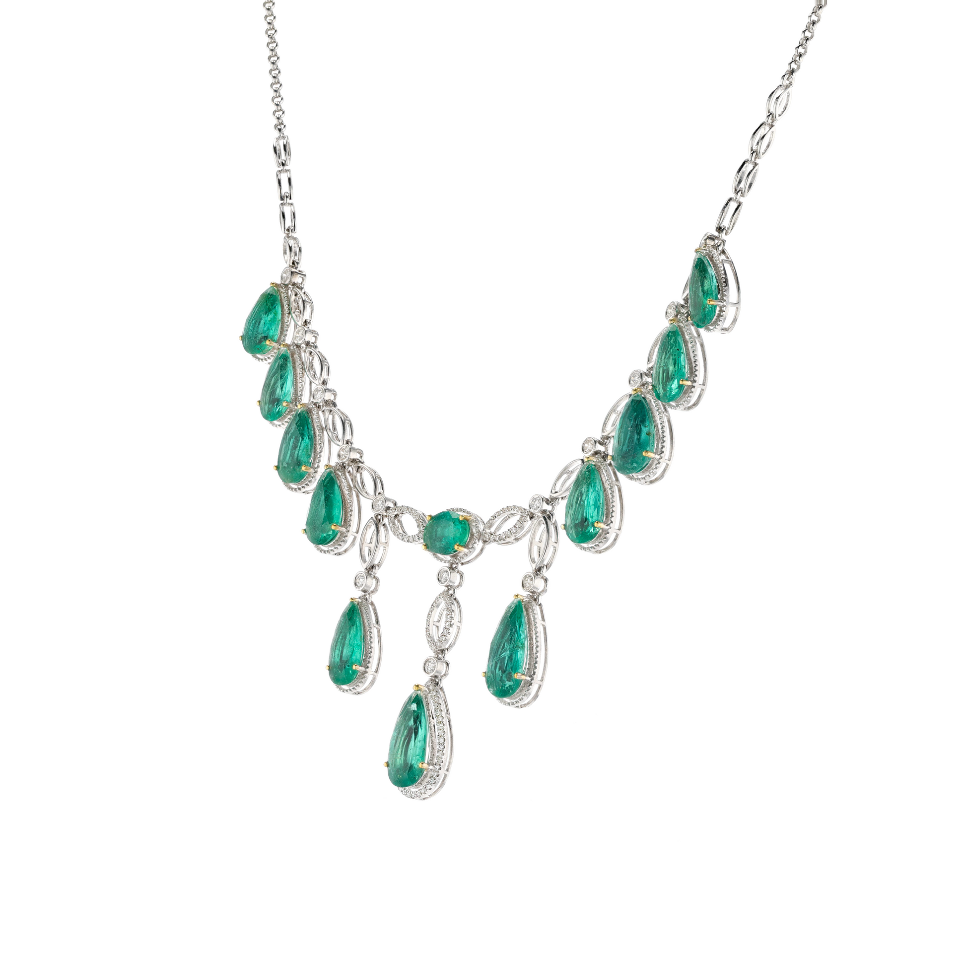 18KG Natural Green Emerald Diamond Necklace