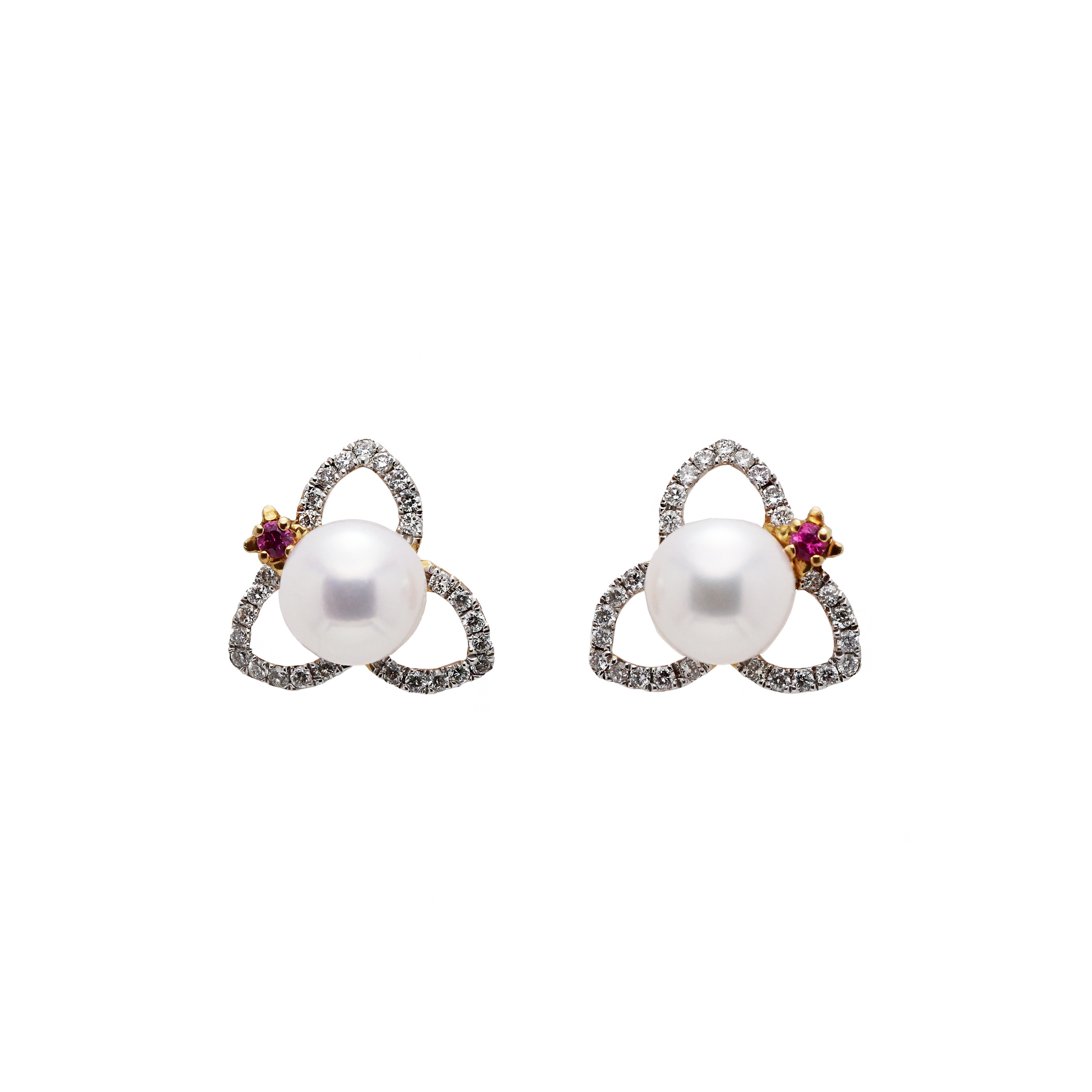 18KG 6.8/6.8mm Premier Japanese Akoya Pearl Natural Ruby Diamond Earrings