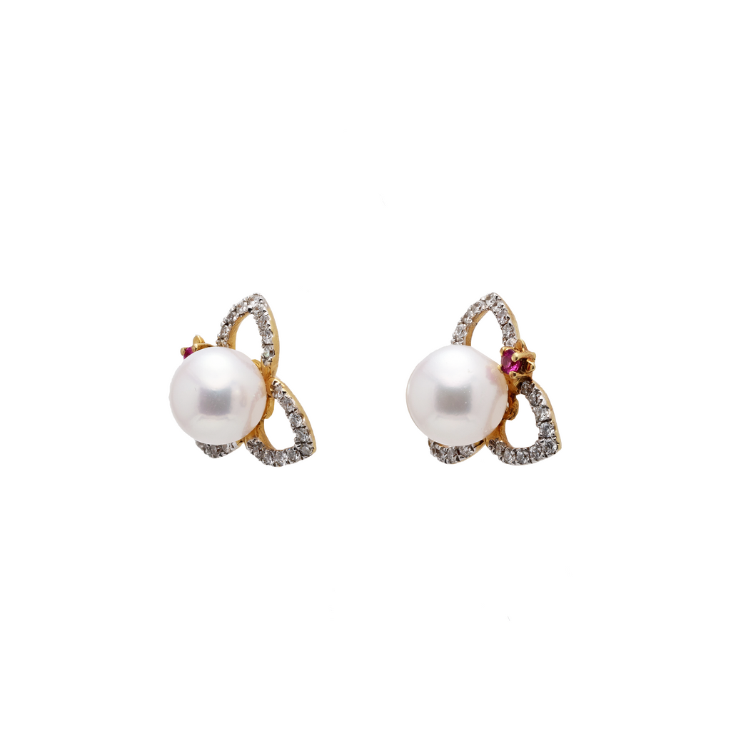 18KG 6.8/6.8mm Premier Japanese Akoya Pearl Natural Ruby Diamond Earrings