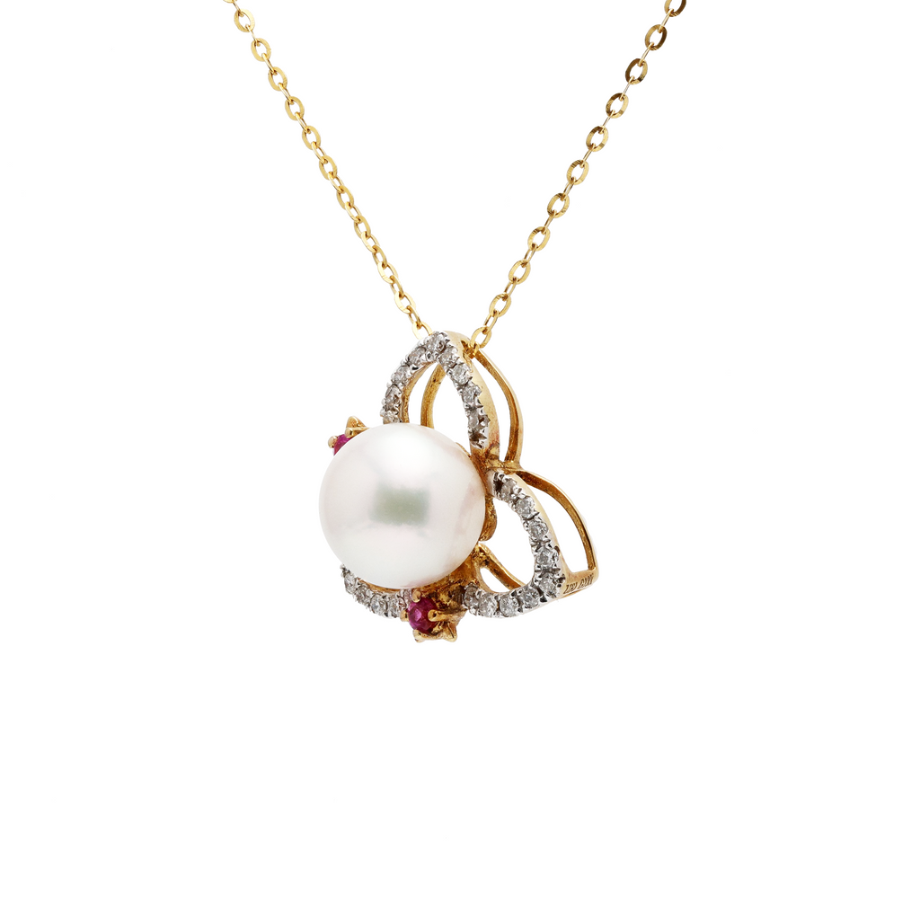 18KG 8.4mm Premier Japanese Akoya Pearl Natural Diamond Ruby Necklace