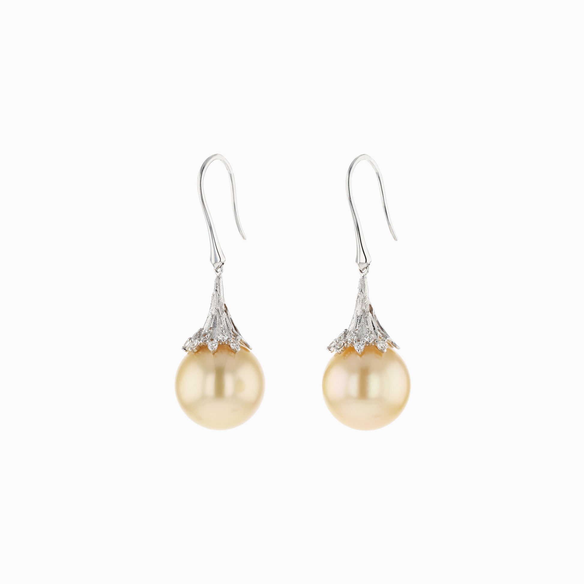 18KG 13.1/13.3mm Natural Color South Sea Golden Pearl Diamond Earrings