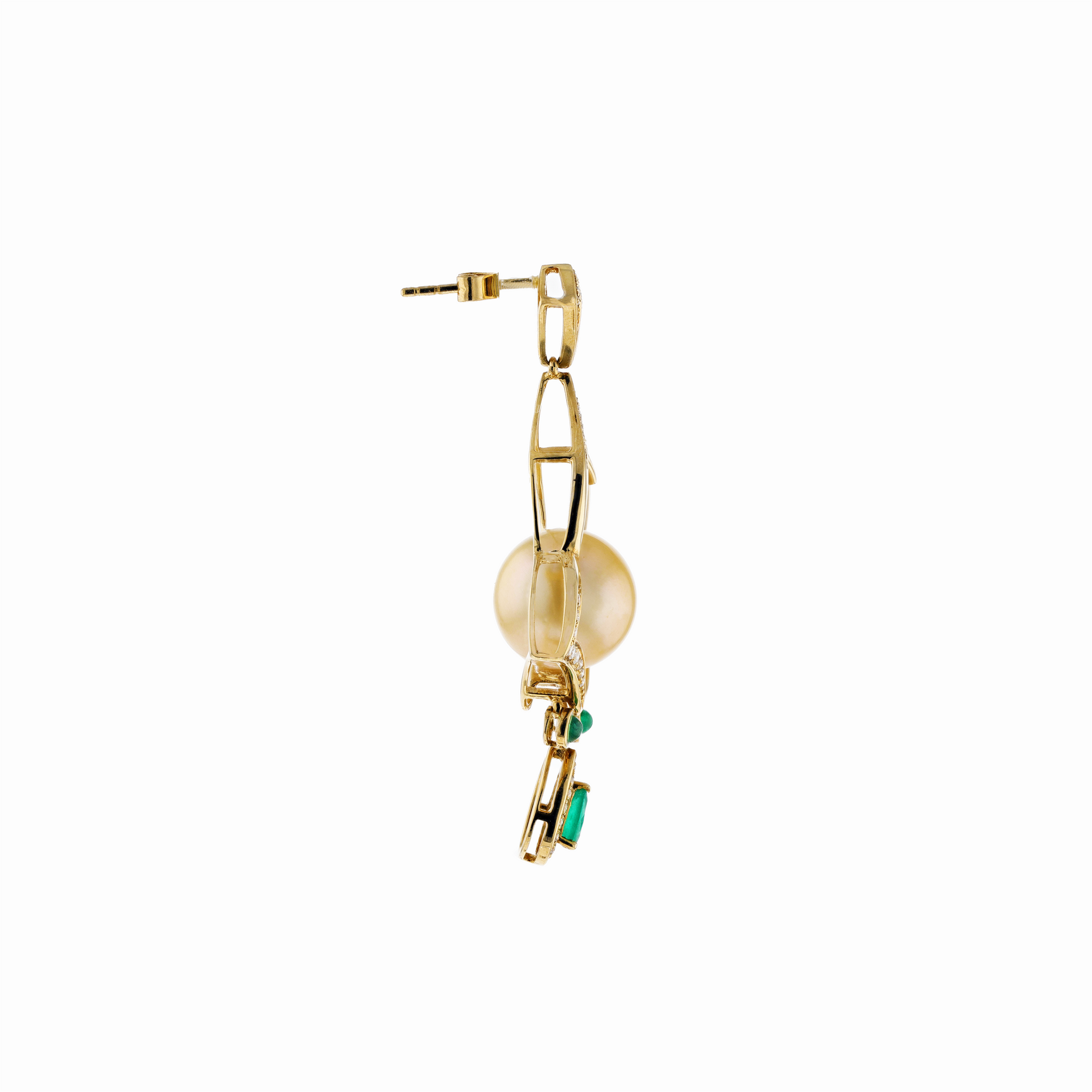 18KG 11.3/11.3mm Natural Color South Sea Golden Pearl Emerald Diamond Earrings
