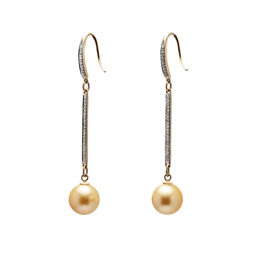 14KG 10.1/10.2mm Natural Color South Sea Golden Pearl Diamond Earrings