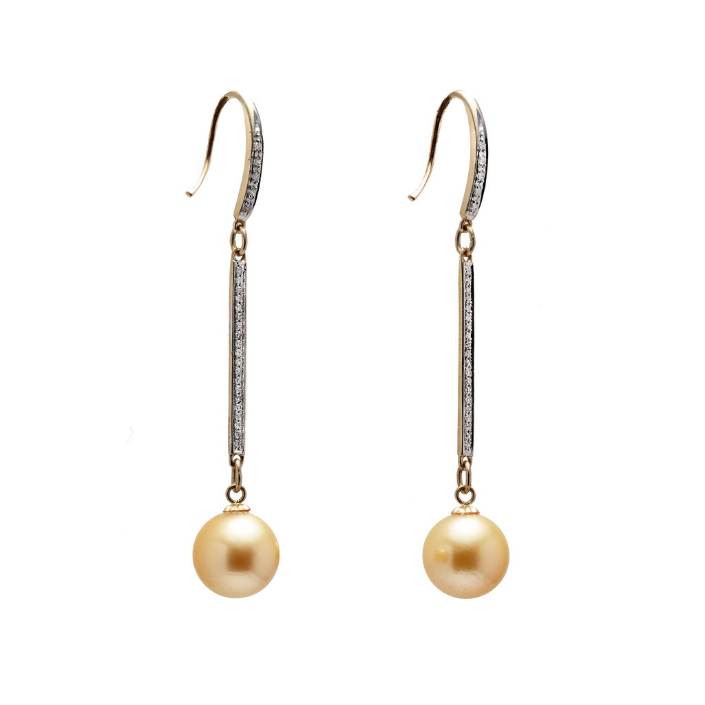 14KG 10.1/10.2mm Natural Color South Sea Golden Pearl Diamond Earrings
