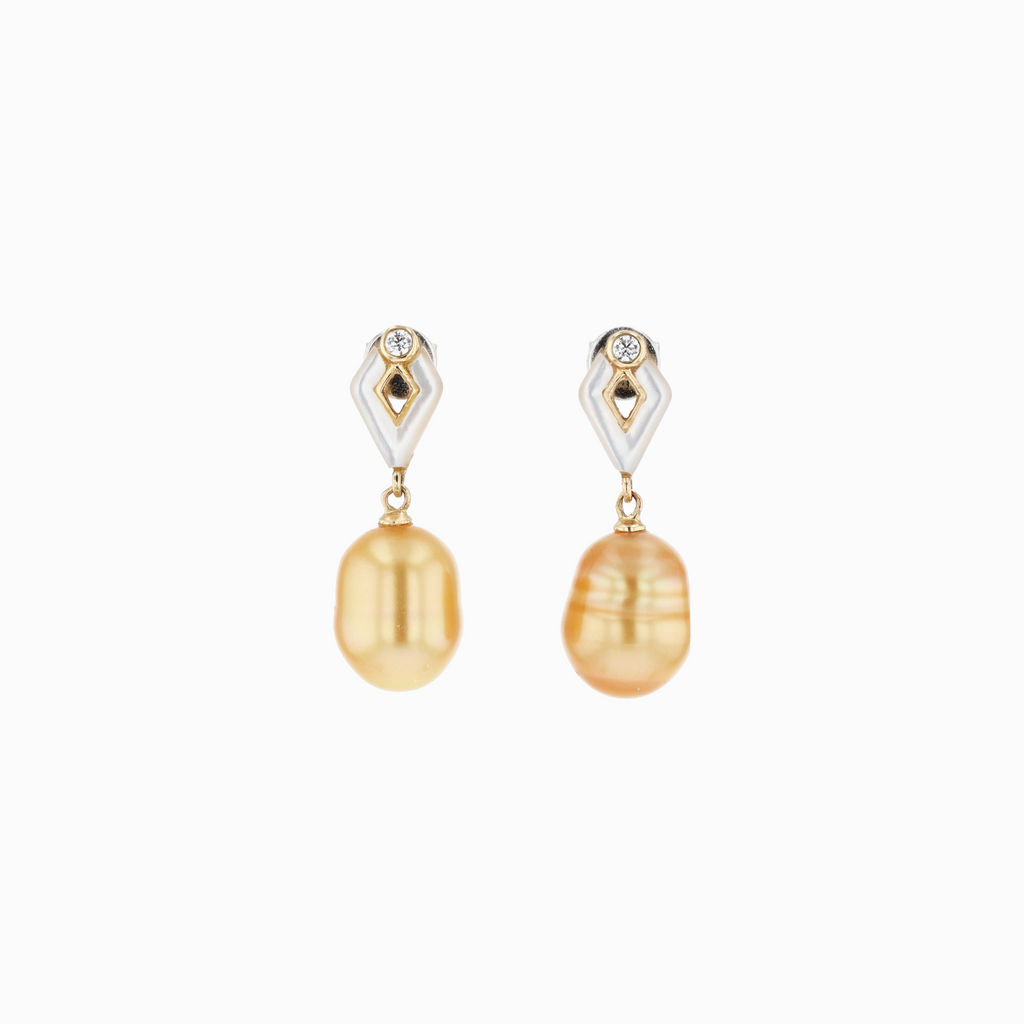 14KG 8.6x11.1mm/8.7x11.2mm Natural Color South Sea Golden Keshi Pearl and Shell Earrings