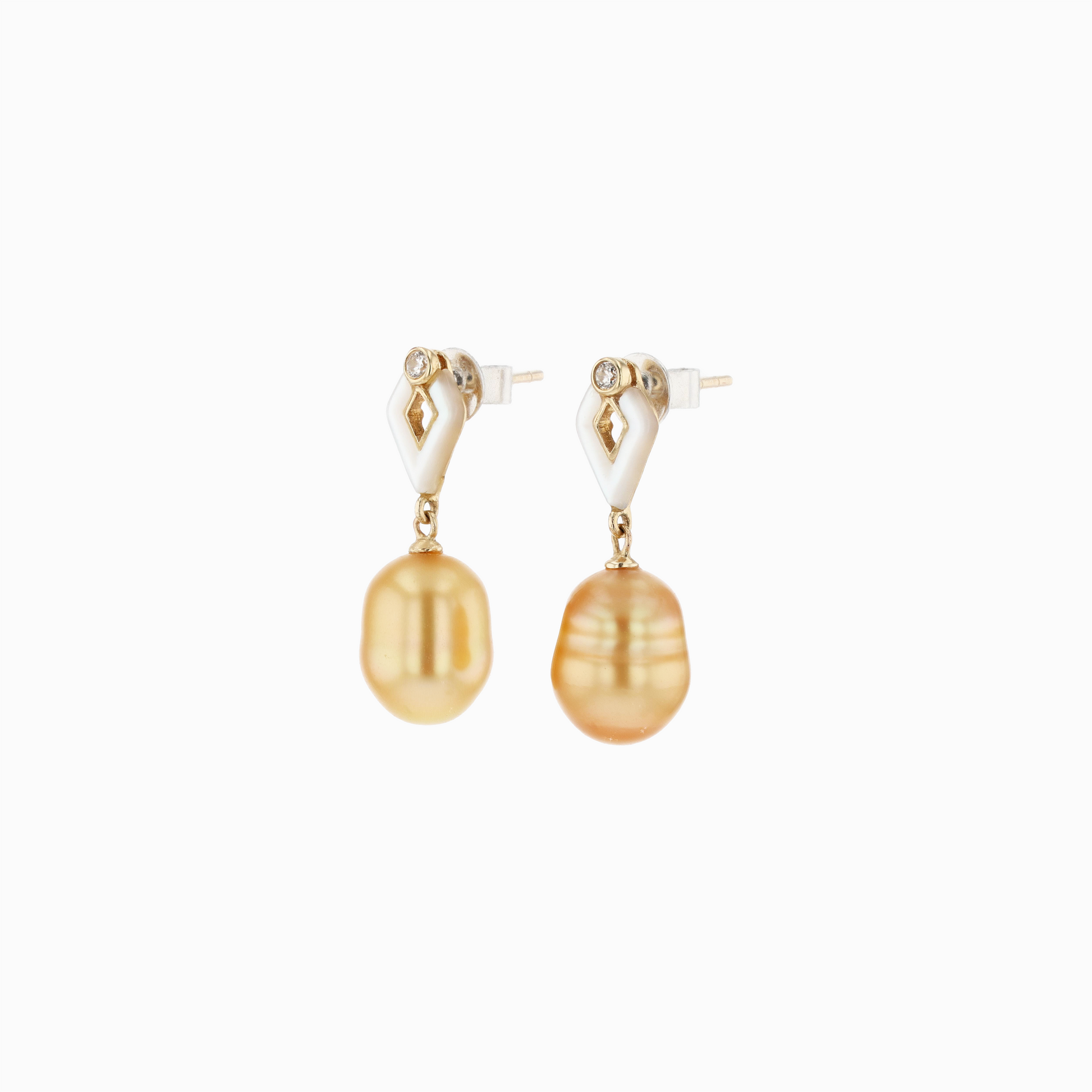 14KG 8.6x11.1mm/8.7x11.2mm Natural Color South Sea Golden Keshi Pearl and Shell Earrings