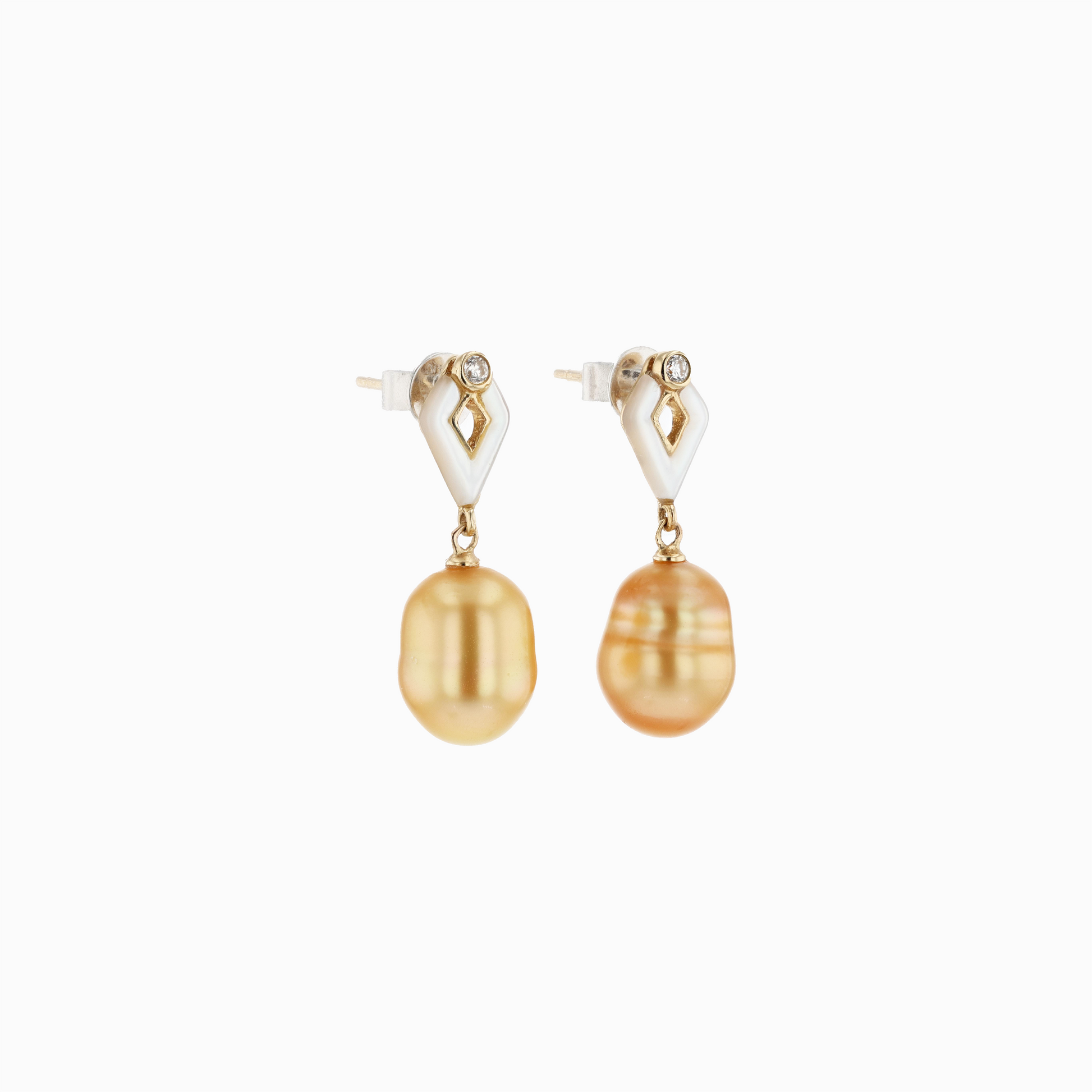14KG 8.6x11.1mm/8.7x11.2mm Natural Color South Sea Golden Keshi Pearl and Shell Earrings