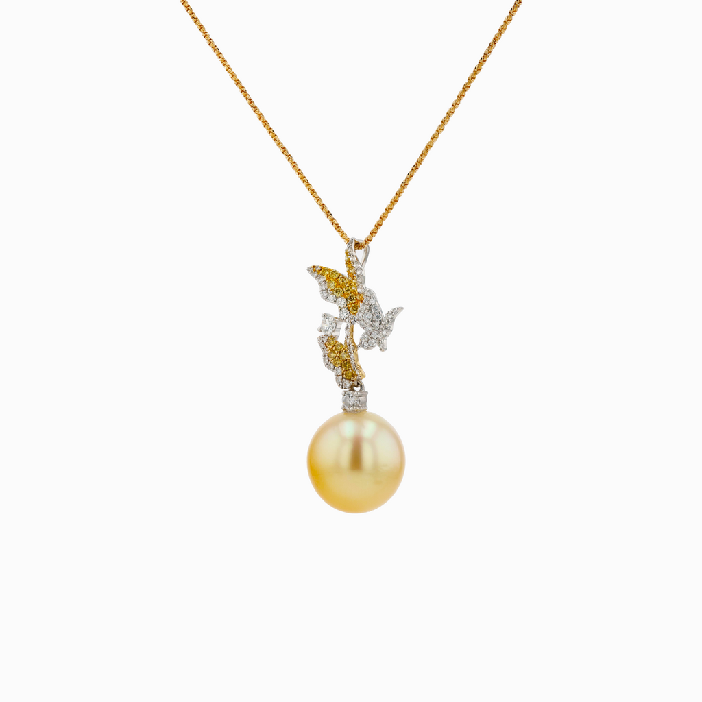 18KG 13.1x13.6mm Natural Color South Sea Golden Pearl Yellow Diamond Necklace