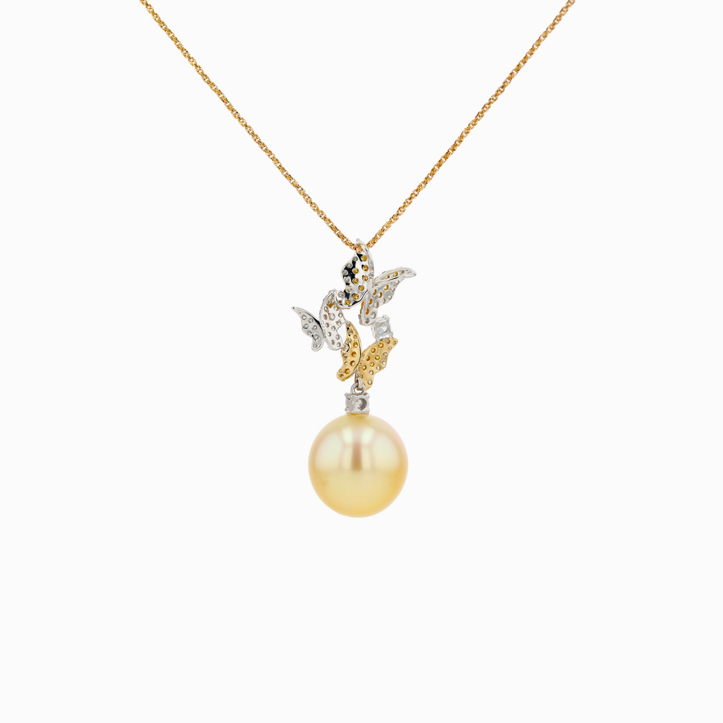 18KG 13.1x13.6mm Natural Color South Sea Golden Pearl Yellow Diamond Necklace