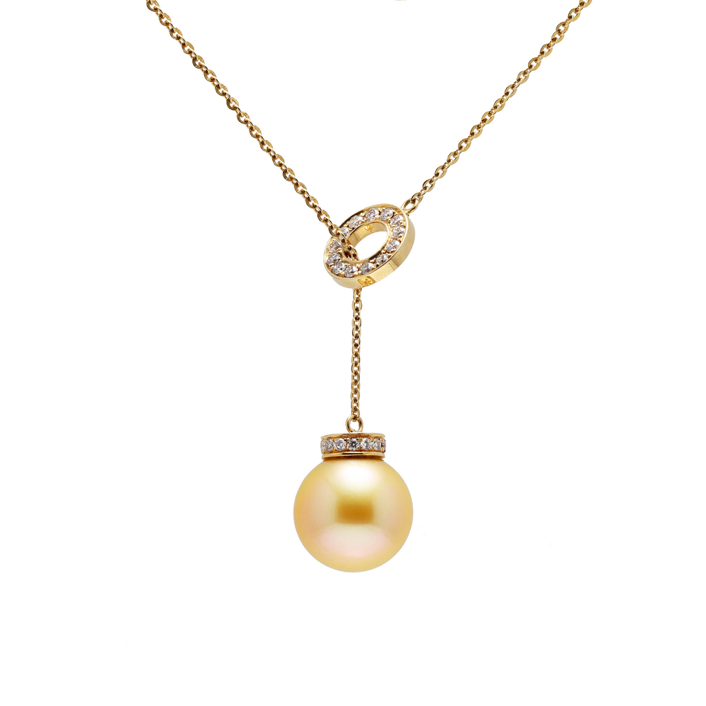 18KG 12.6/9.0mm Natural Color South Sea Golden Pearl Diamond Necklace