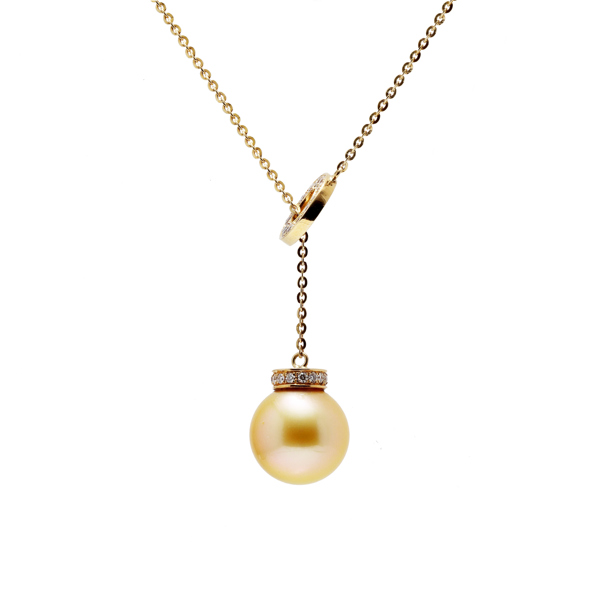 18KG 12.6/9.0mm Natural Color South Sea Golden Pearl Diamond Necklace