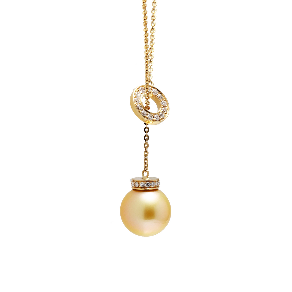 18KG 12.6/9.0mm Natural Color South Sea Golden Pearl Diamond Necklace