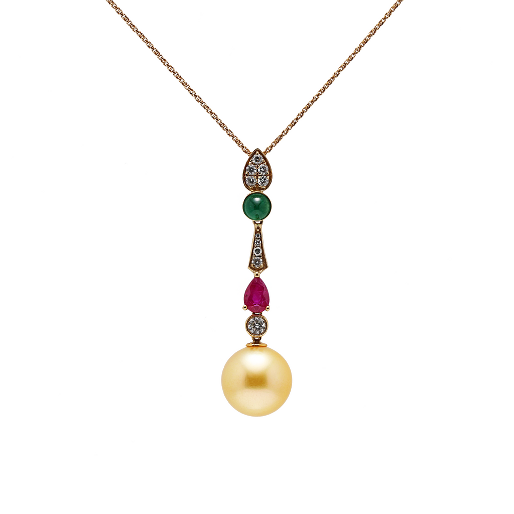 18KG 11.3mm Natural Color South Sea Golden Pearl Ruby Emerald Diamond Necklace