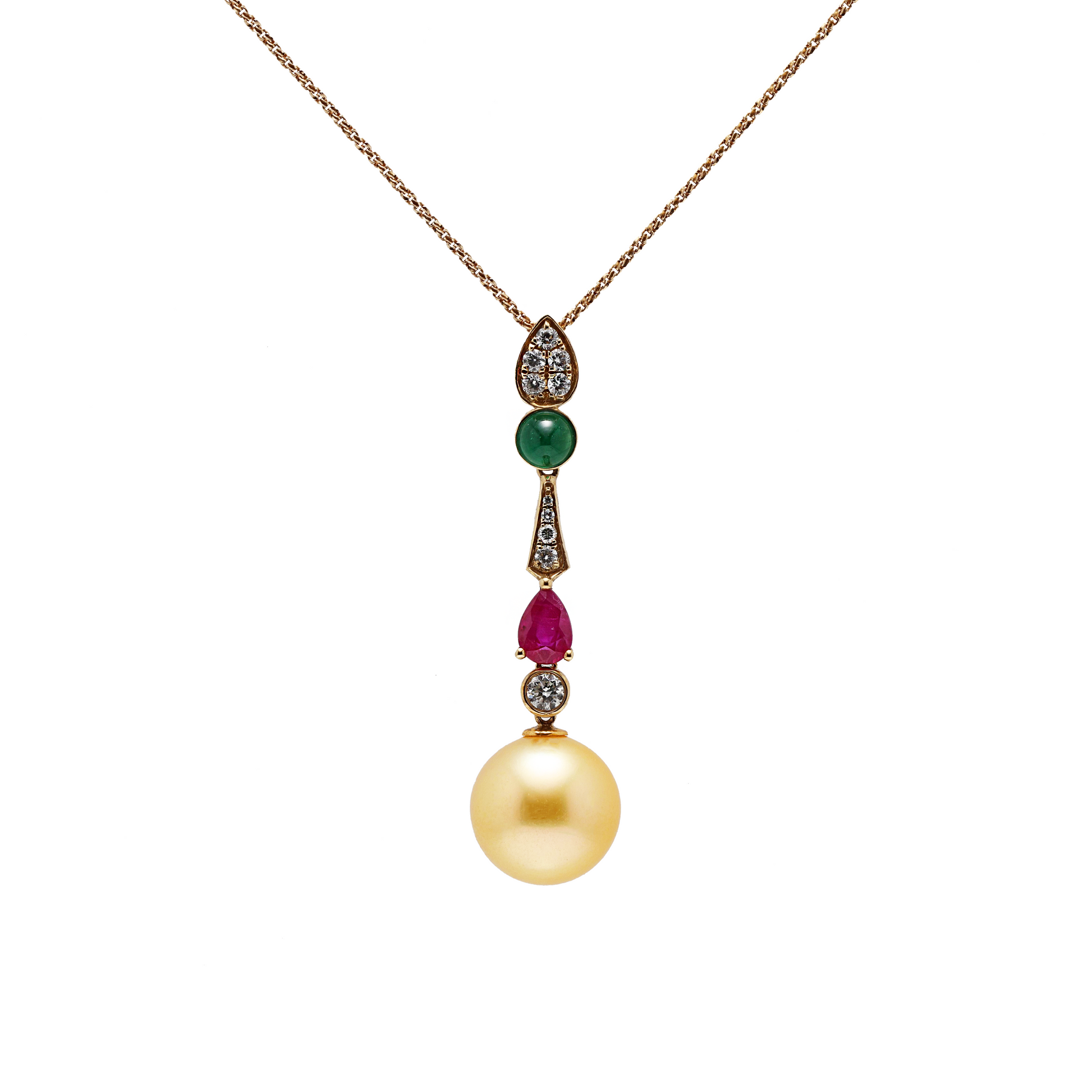 18KG 11.3mm Natural Color South Sea Golden Pearl Ruby Emerald Diamond Necklace