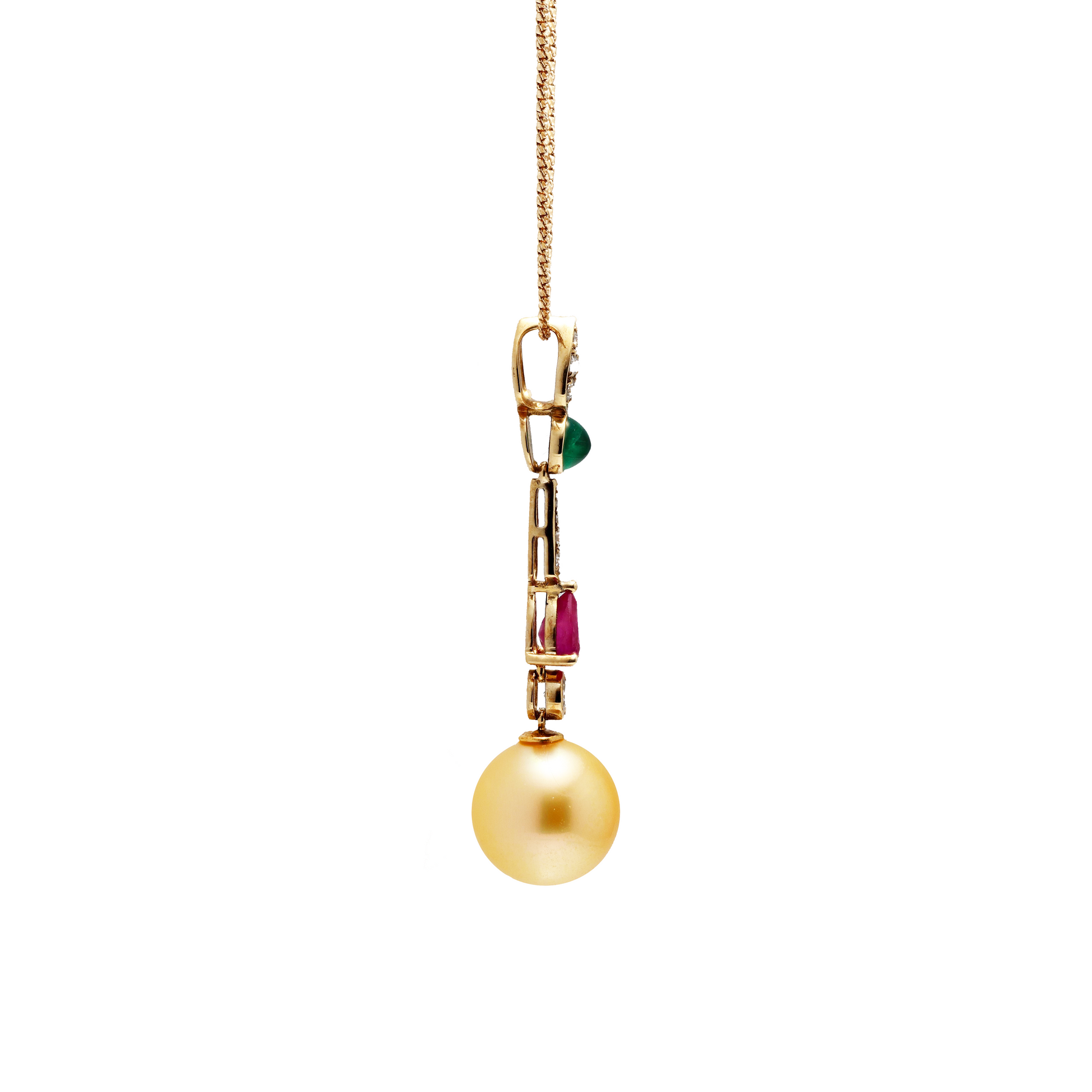 18KG 11.3mm Natural Color South Sea Golden Pearl Ruby Emerald Diamond Necklace