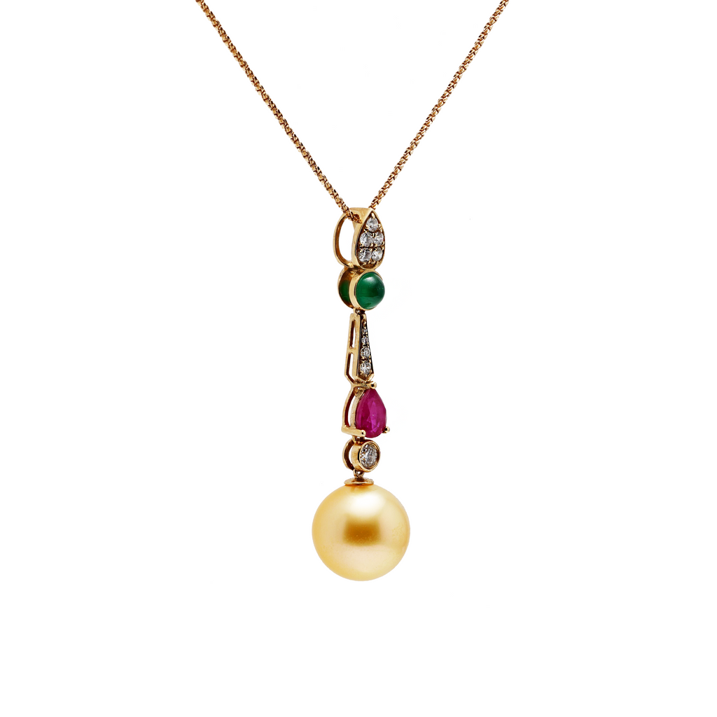 18KG 11.3mm Natural Color South Sea Golden Pearl Ruby Emerald Diamond Necklace
